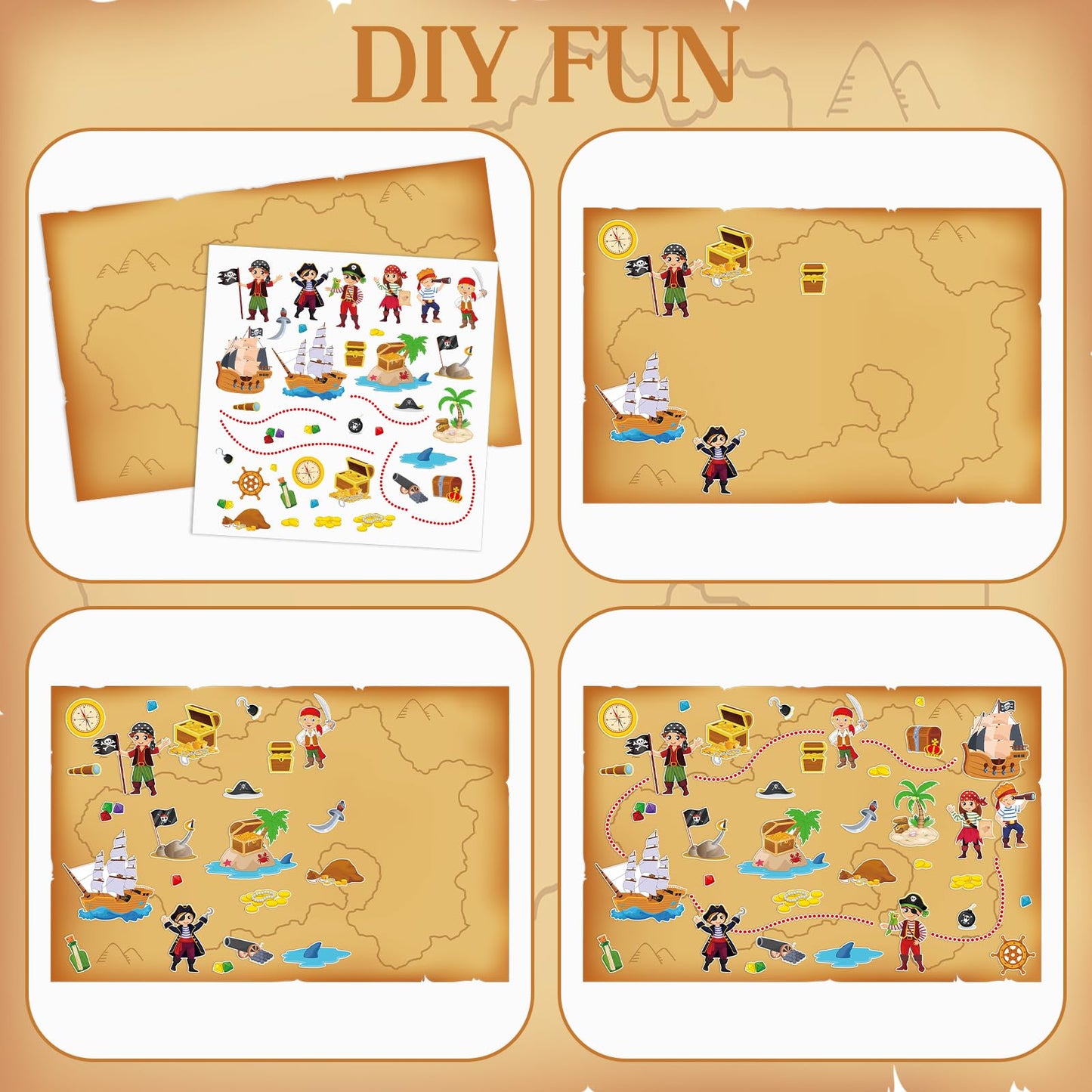 Kosiz 12 Pcs Giant Treasure Island Map Sticker Scenes Include 12 Backgrounds and Sticker Sheets Pirate Map Pirate Party Activity for Kids