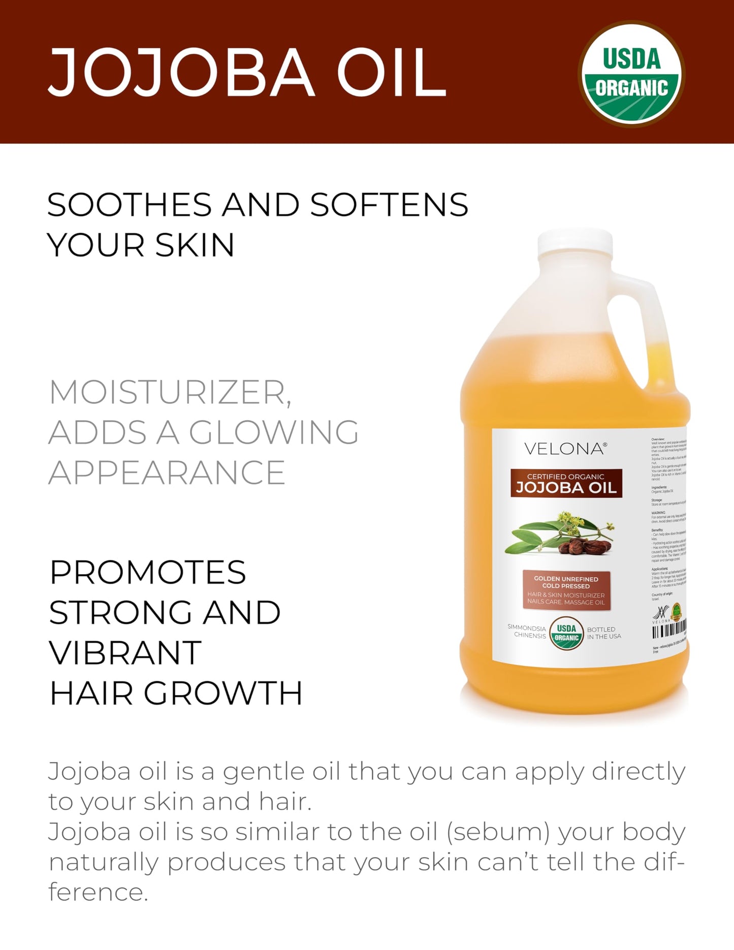 velona Jojoba Oil USDA Certified Organic - 64 Fl Oz | 100% Pure and Natural Carrier Oil| Golden, Unrefined, Cold Pressed, Hexane Free