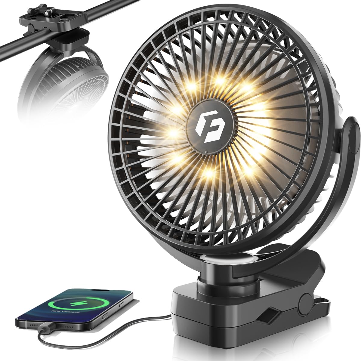 Fentara 40000mAh Clip on Fan, 2-in-1 Portable Rechargeable Fan - 8 Inch USB Battery Operated Fans with Light & Screw-Clamp for Golf Cart, Desk, Tent, Travel, Gym, Treadmill, Summer Gifts, Black