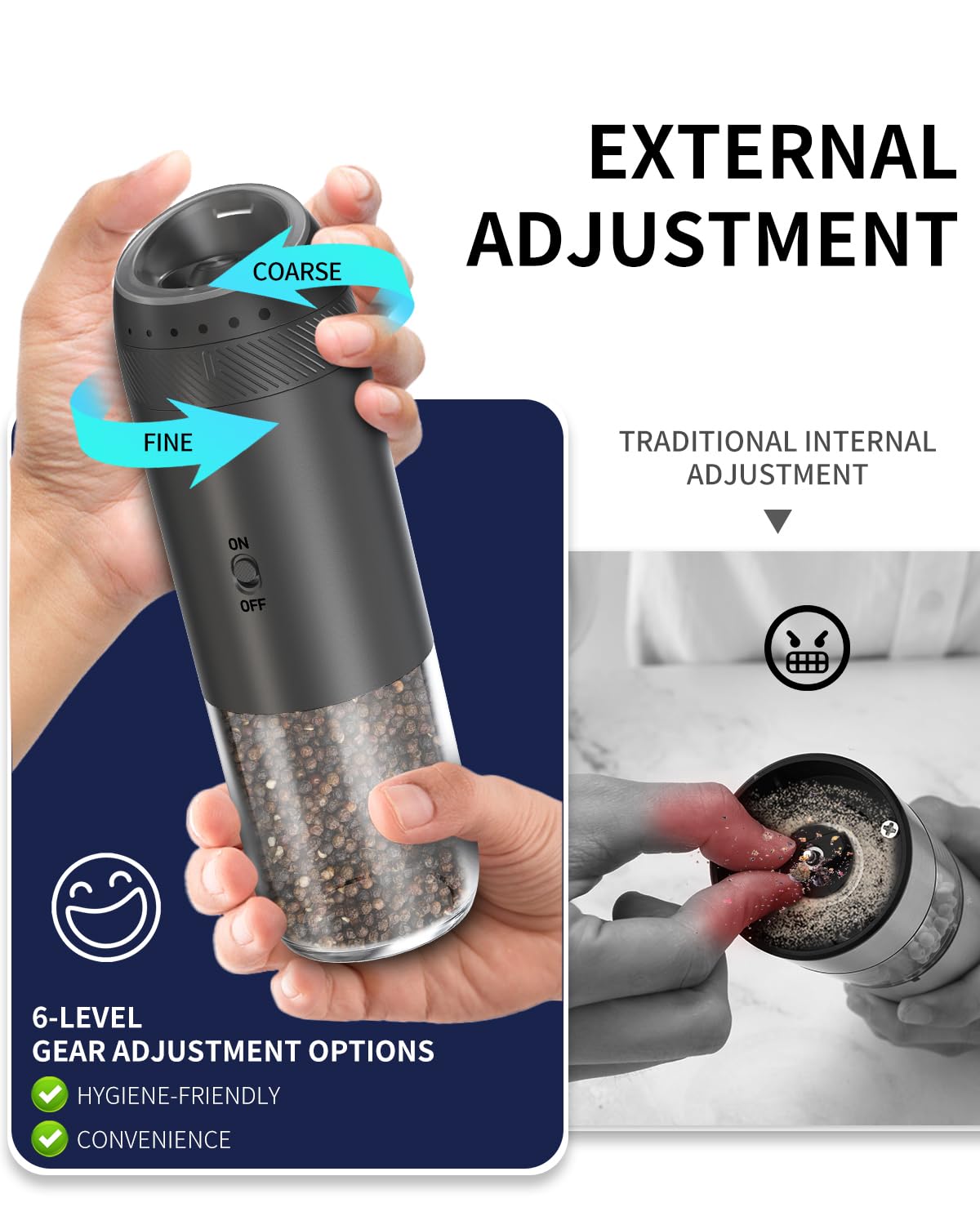 CIRCLE JOY Rechargeable Salt and Pepper Grinder Set, Gravity Sensor Electric Salt and Pepper Grinder Set with External Adjustment, 176ml Capacity and One-handed Operation, Black
