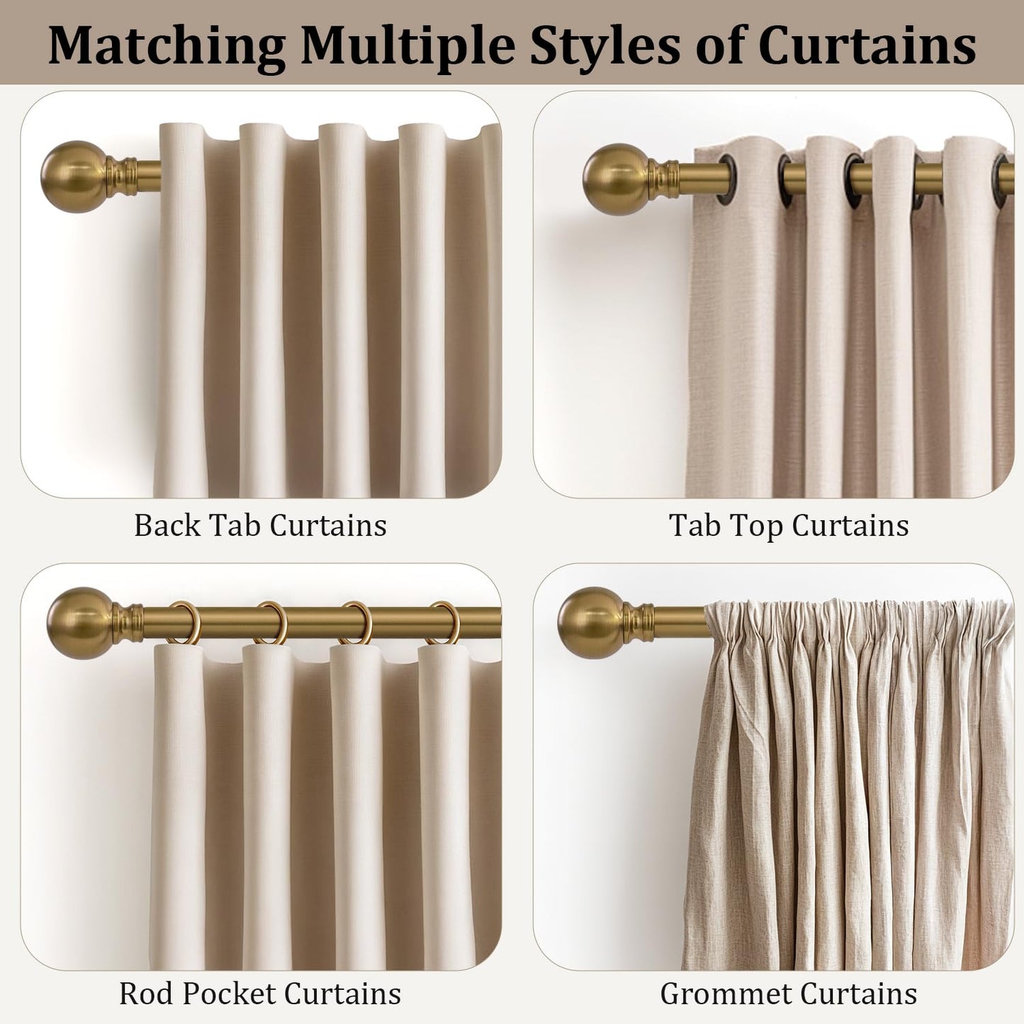 Warm Gold Curtain Rods for Windows 72 to144 Inch Brass Extra Long Heavy Duty Adjustable single 1" Diameter with vintage Brushed Bronze Metal Finials Antique for Living Room Bedroom Farmhouse Kitchen