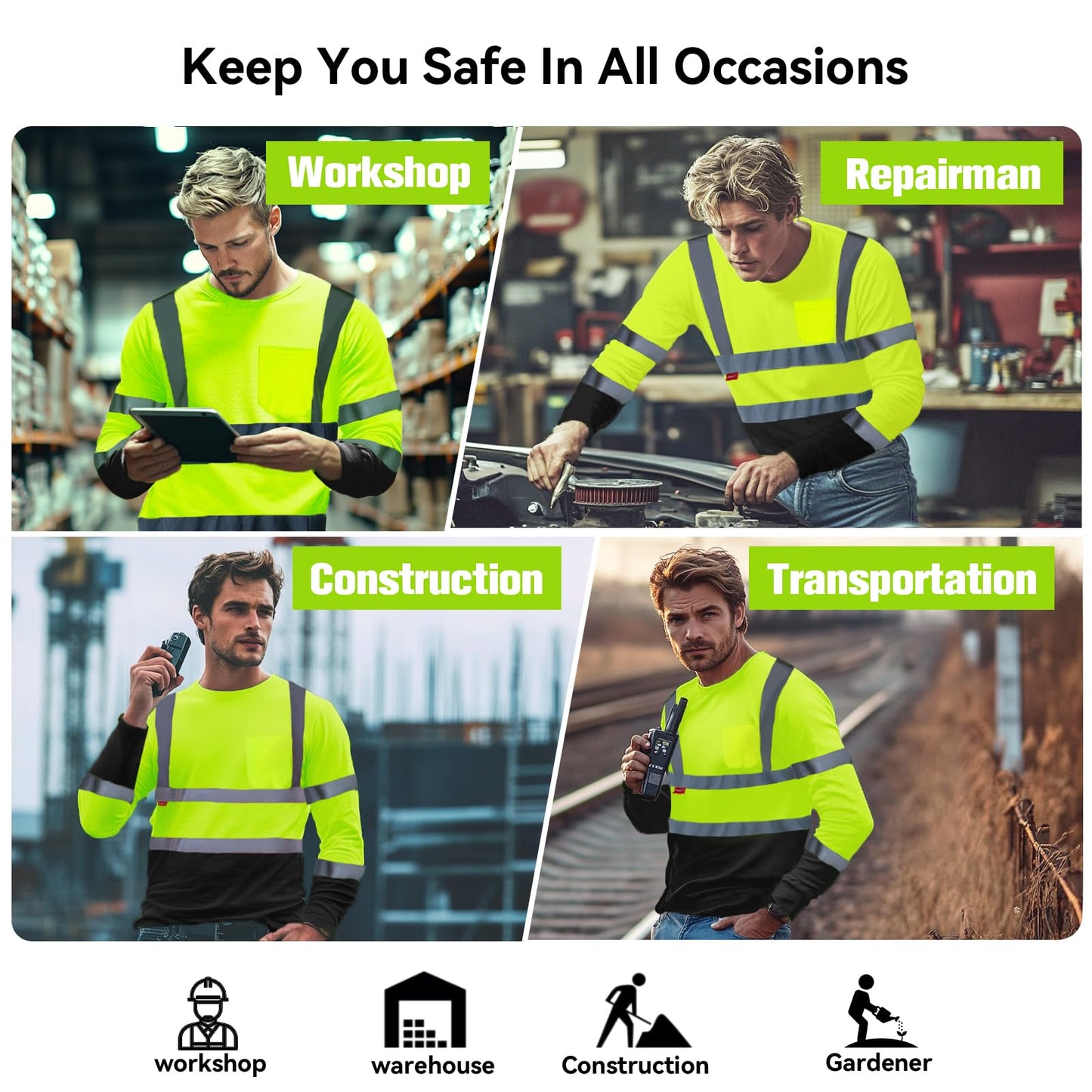 ProtectX 3-Pack Men's High Visibility Heavy Duty Breathable Long Sleeve Reflective Safety T-Shirts for Work Warehouse Construction, Class 2 Type R, Green - X Large