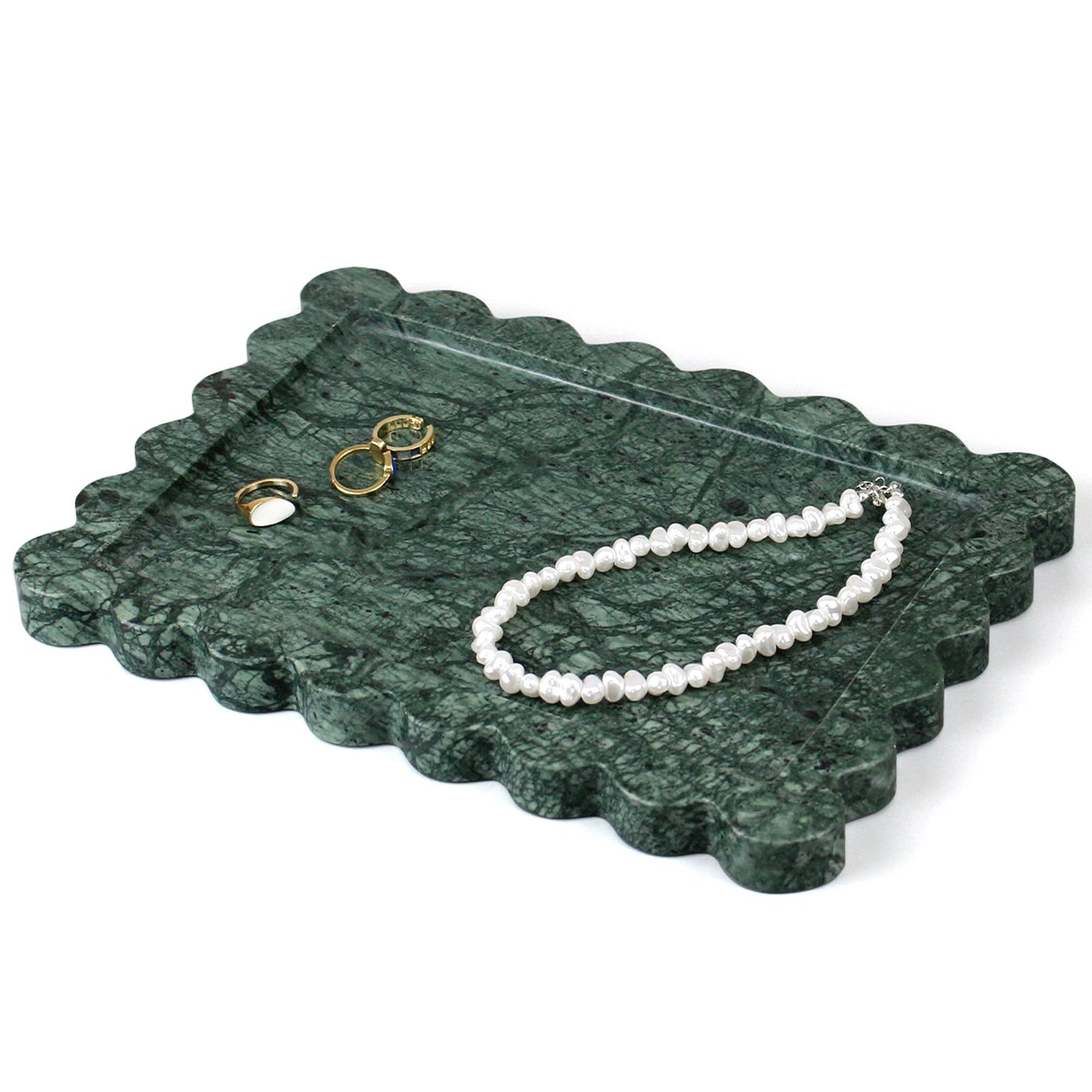 LIN CHUAN 100% Real Indian Green Marble Tray, Natural Scalloped Marble Tray, Luxury Decorative Trays for Bathroom Vanity, Dresser, Kitchen & Home Decor, 10.6 x 8 Inches, Dark Green