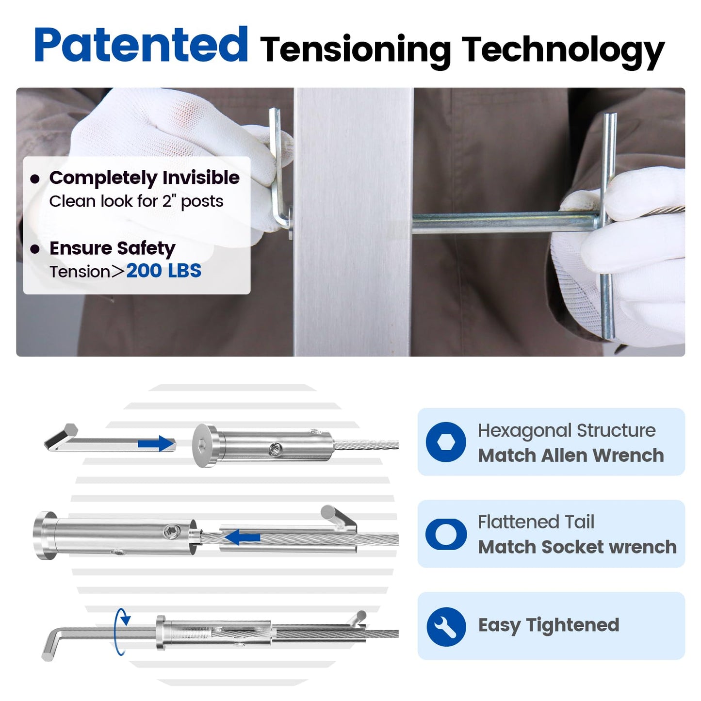 [Patent] Muzata 20 Pack 1/8" Swageless Invisible Cable Railing Kit Hardware Swageless Fittings Tensioner Hidden for 2"x2" Metal Post T316 Stainless Steel Deck Cable Railing System CB04