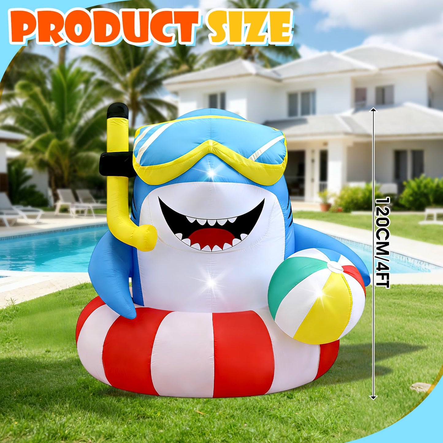 4FT Inflatable Shark with Beach Ball for Summer Outdoor Decor, Blow Up Shark Built-in 3 LED Lights for Beach Pool Ocean Party Decorations, Birthday Party Supplies, Yard Garden Indoor Photo Backdrop