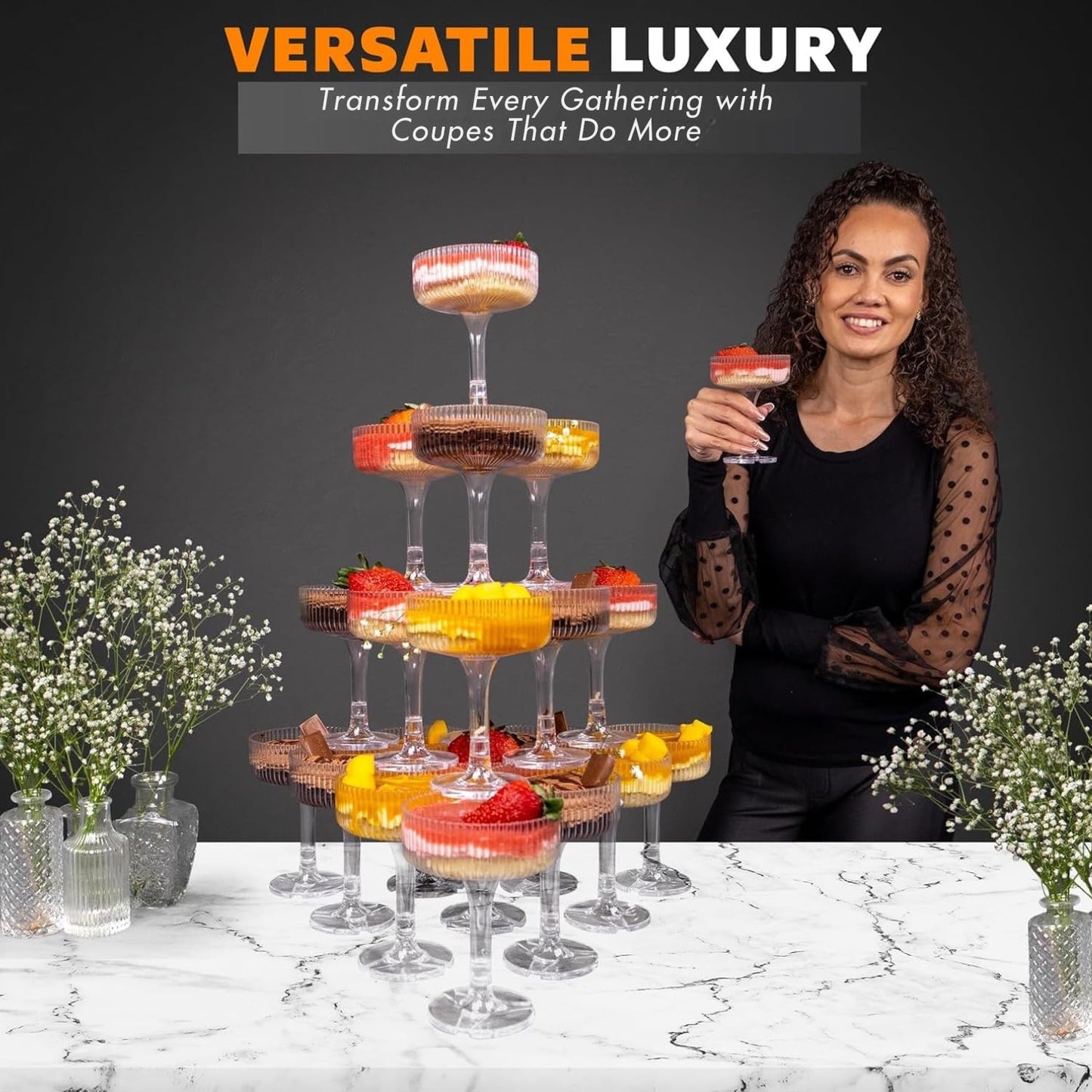 Ksestor ACRYLIC Champagne Tower - 7oz. Set of 20 Champagne Flutes Plastic - For Weddings & Parties - Plastic Coupe Glasses - Clear