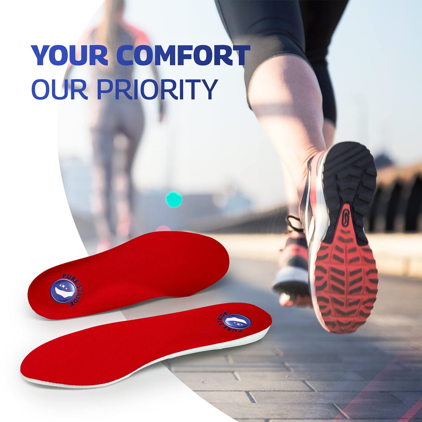 Pure Stride Professional Full Length Insoles, Comfort Insoles, Shoe Insert & Support for Metatarsals, Flat Feet - Pain Relief for Plantar Fasciitis, Arch, Heel - 1 Pair, Men's 3-3.5, Women's 5-5.5
