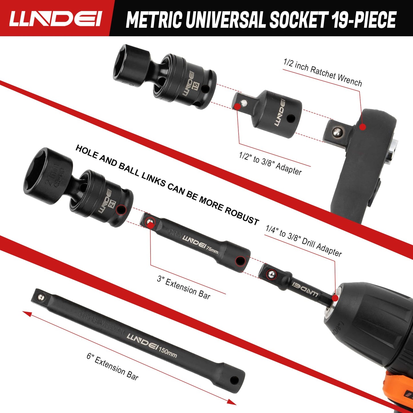 LLNDEI 3/8" Drive Universal Impact Socket Set, 19 Pieces CR-MO Swivel Socket Set, Metric(8-22mm) Wobble Sockets 6 Point with Extension Bars, Adapter and Black Organizer