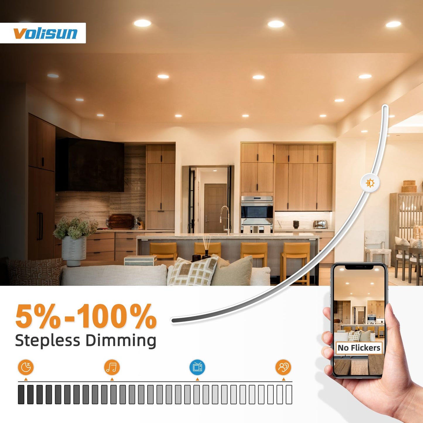 VOLISUN 6 Pack 6 Inch 5CCT Recessed Light with Night Light,Canless LED Recessed Lighting 6 inch,2700K-5000K Selectable,12W=130W,1080LM Dimmable Recessed Ceiling Wafer Lighs,ETL Certificated