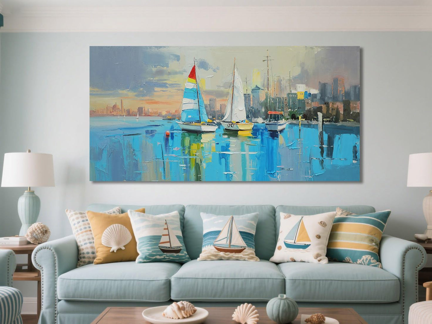 Anolyfi Abstract Sailboat Canvas Wall Art Sunset Landscape Picture Coastal Cityscape Panoramic Painting Textured Artwork Large Framed for Living Room Bedroom Bathroom Kitchen Office Home Decor 40"x20"