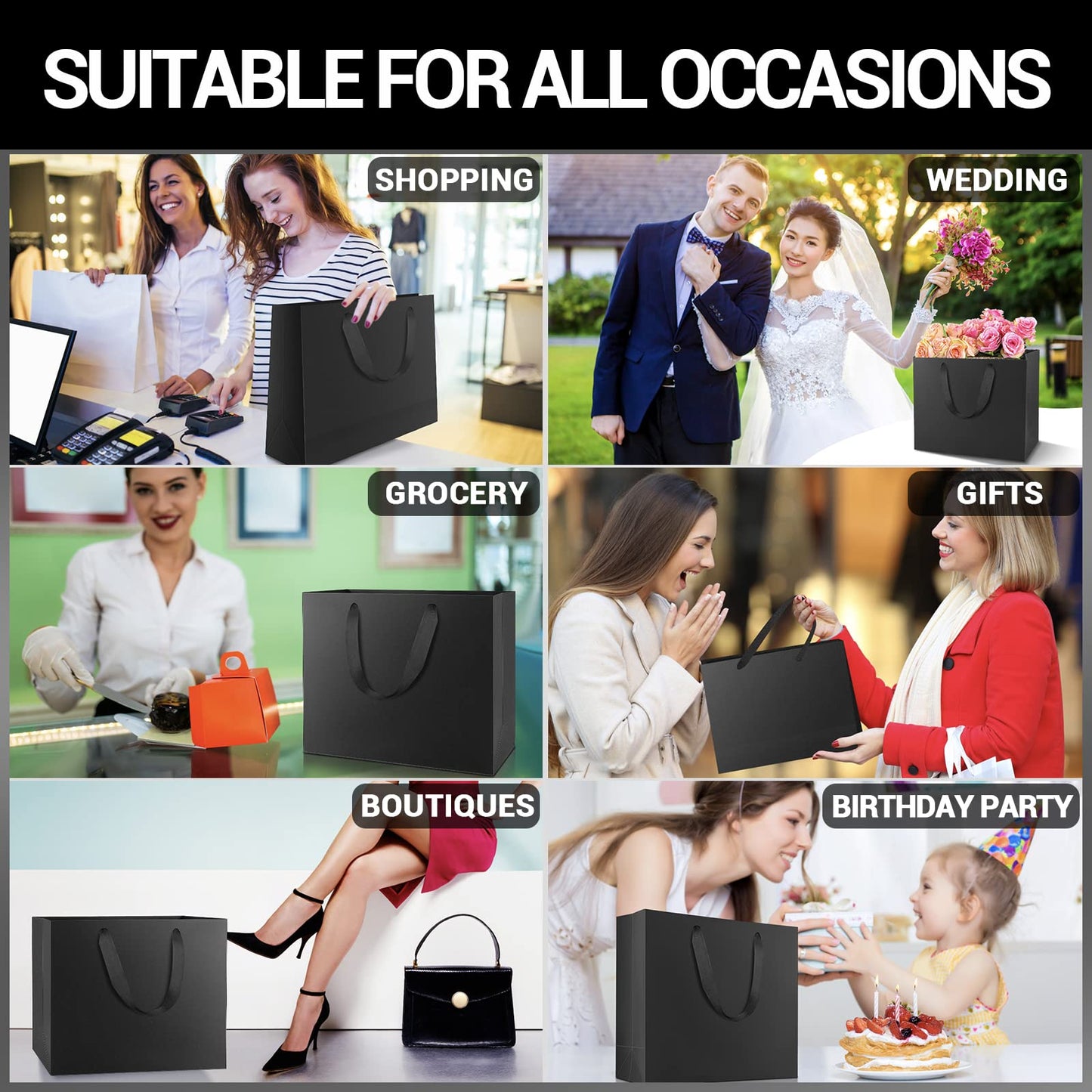 EUSOAR Large Gift Wrap Bags Bulk, 50 Pack 12.5x4.5x11 inches Black Paper Bags with Handles, Heavy Duty Totes for Wedding, Grocery, Boutique, Retail, Business, Party Favors, Baby Showers, Birthdays