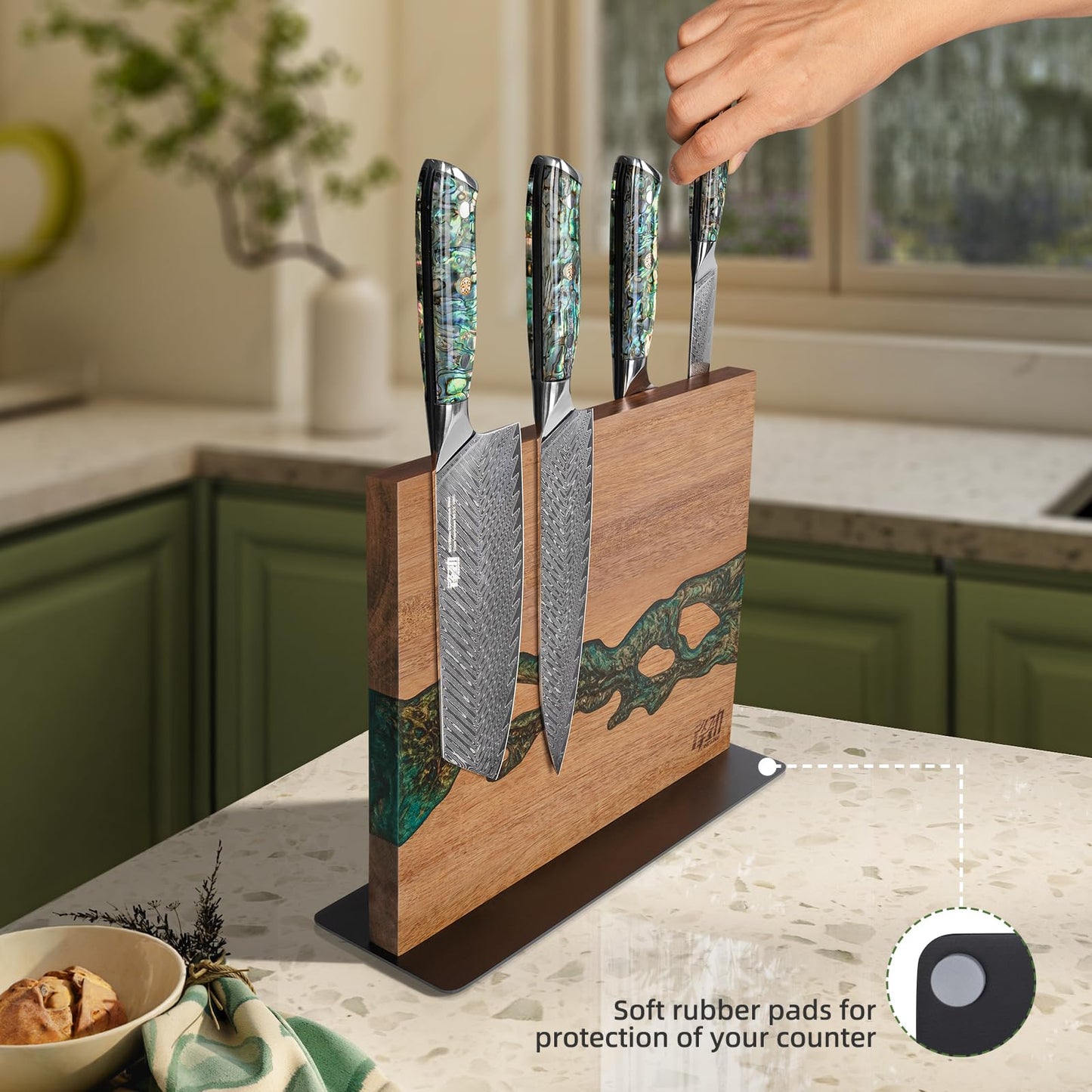 FINDKING Magnetic Knife Block, Double-Sided Knife Holder with Strong Magnets, Acacia Wood and Golden Green Resin, Countertop Kitchen Knife Storage Stand (12 × 10 Inches, Without Knives)
