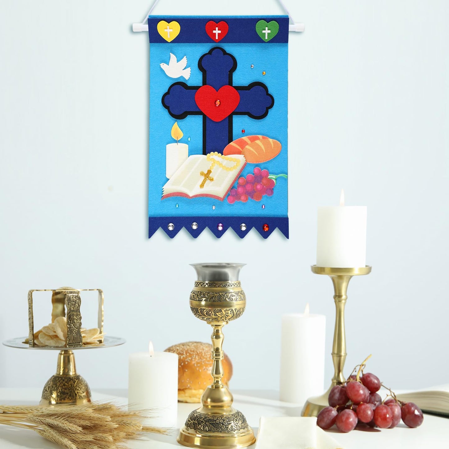 HunnmingRe 4 Set First Communion Banner Kits for Boys Girls 9 x 14 Inch First Holy Communion Banner Kits Sunday School DIY Arts and Crafts Kit for Boys Baptism Church Decoration Holy Ceremony