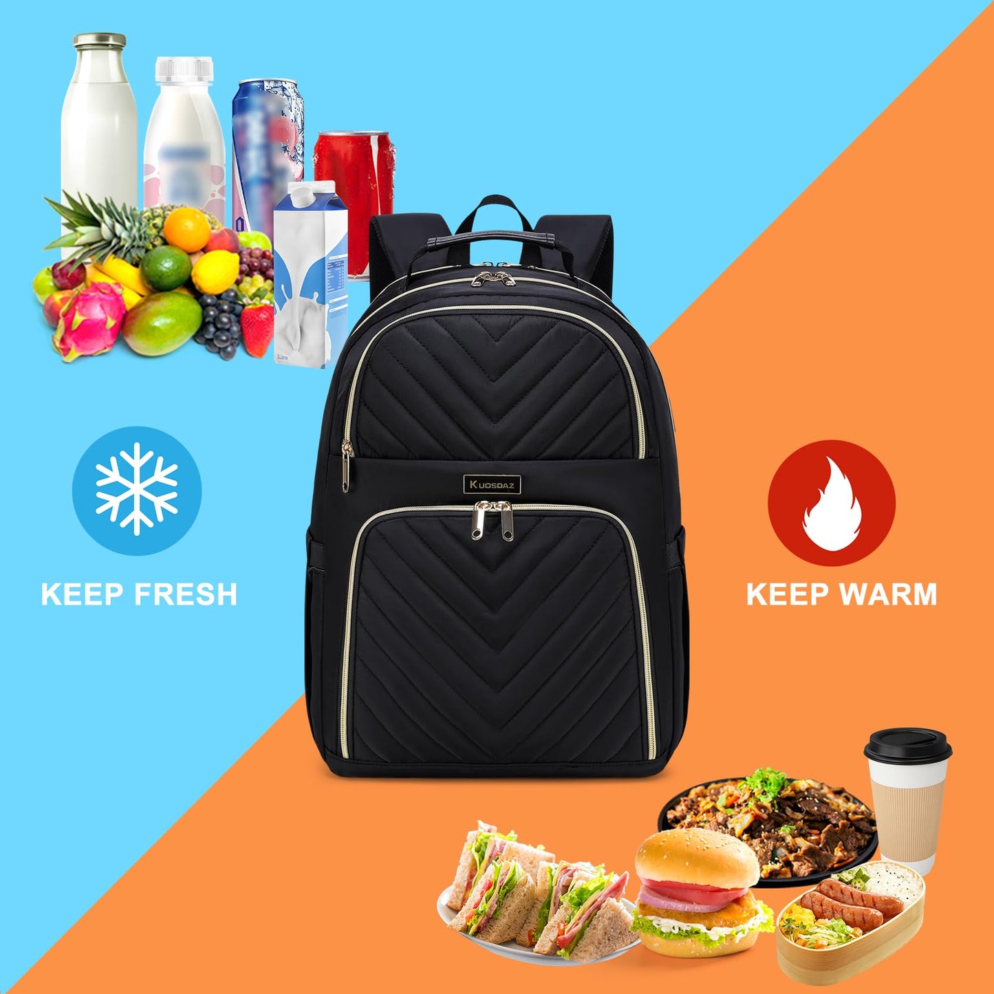 Kuosdaz Lunch Backpack for Women, Water Resistant Insulated Cooler Lunch Bag, 15.6 inch Laptop Backpacks with USB Port, Picnic Backpack with Lunch Box for College Work Camping Beaches, Black