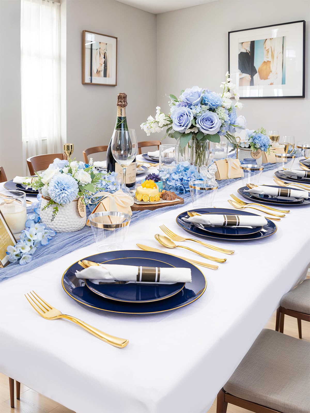 WDF 300PCS Navy Blue Plates Disposable - Blue Plastic Plates 50guest Heavy Duty Plastic Dinnerware Sets for Party/Wedding/Birthday/Graduation