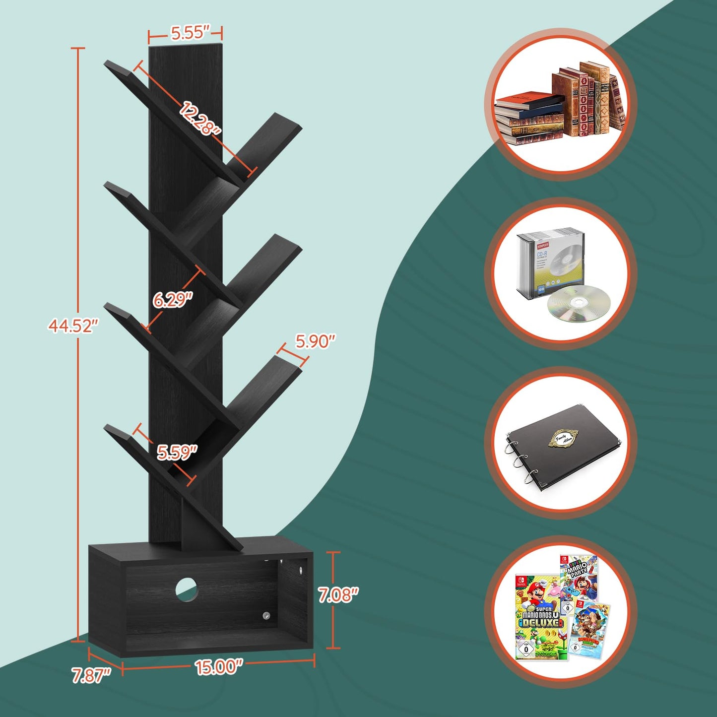 Yoobure Tree Bookshelf, 6 Tier Small Book Shelf Retro Floor Standing Bookcase, Wood Book Storage Organizer Rack, Tall Narrow Bookshelves for Corner/Bedroom/Living Room/Home Office, Black