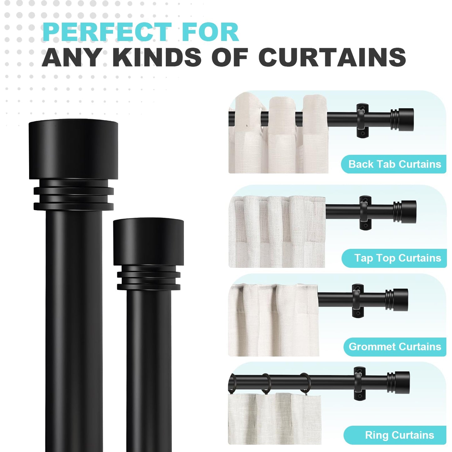 Black Extra Long Curtain Rods 240 Inches - Heavy Duty 1 Inch Adjustable Metal Drapery Rod for Large Windows, Sliding Doors, 5 Holders, Wall & Ceiling Mount, Easy Installation, Modern Design