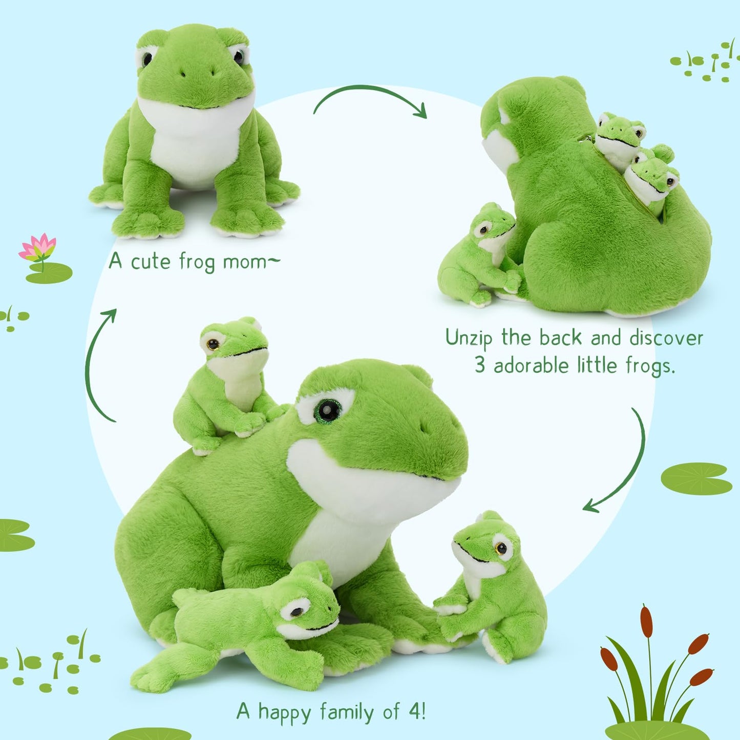 MorisMos Plush Frog and Baby (1 Mommy + 3 Baby) 15.7" Green Frog Plush Set Ultra Soft Cuddly Birthday & Christmas Toddler Kids Boys Girls