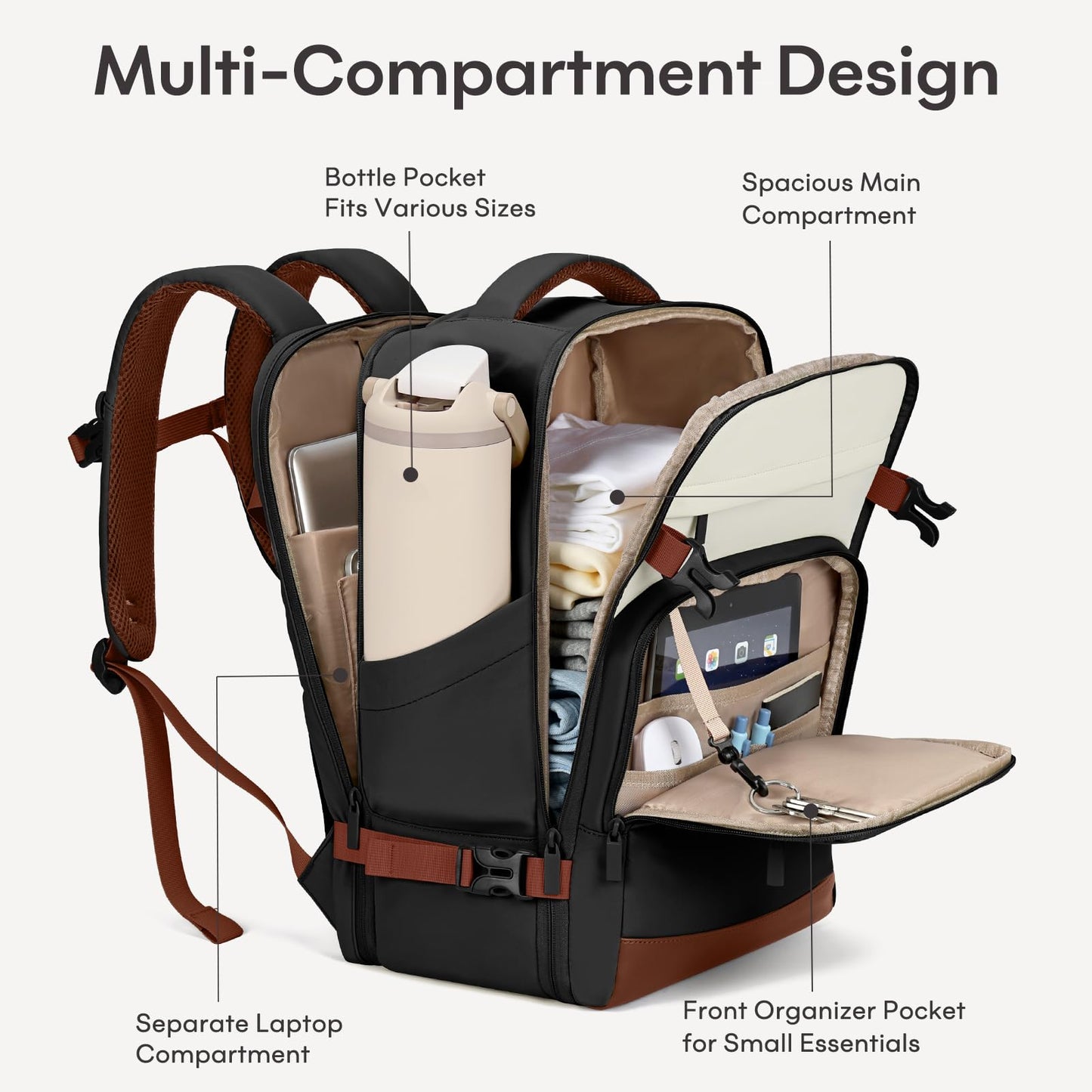 mibasies 30L Travel Backpack for Women & Men: Flight Approved Carry On Backpack, TSA Personal Item Bag with Water Bottle Pocket, Weekender Essentials Backpacks fits 15.6" Laptop - Black White Brown
