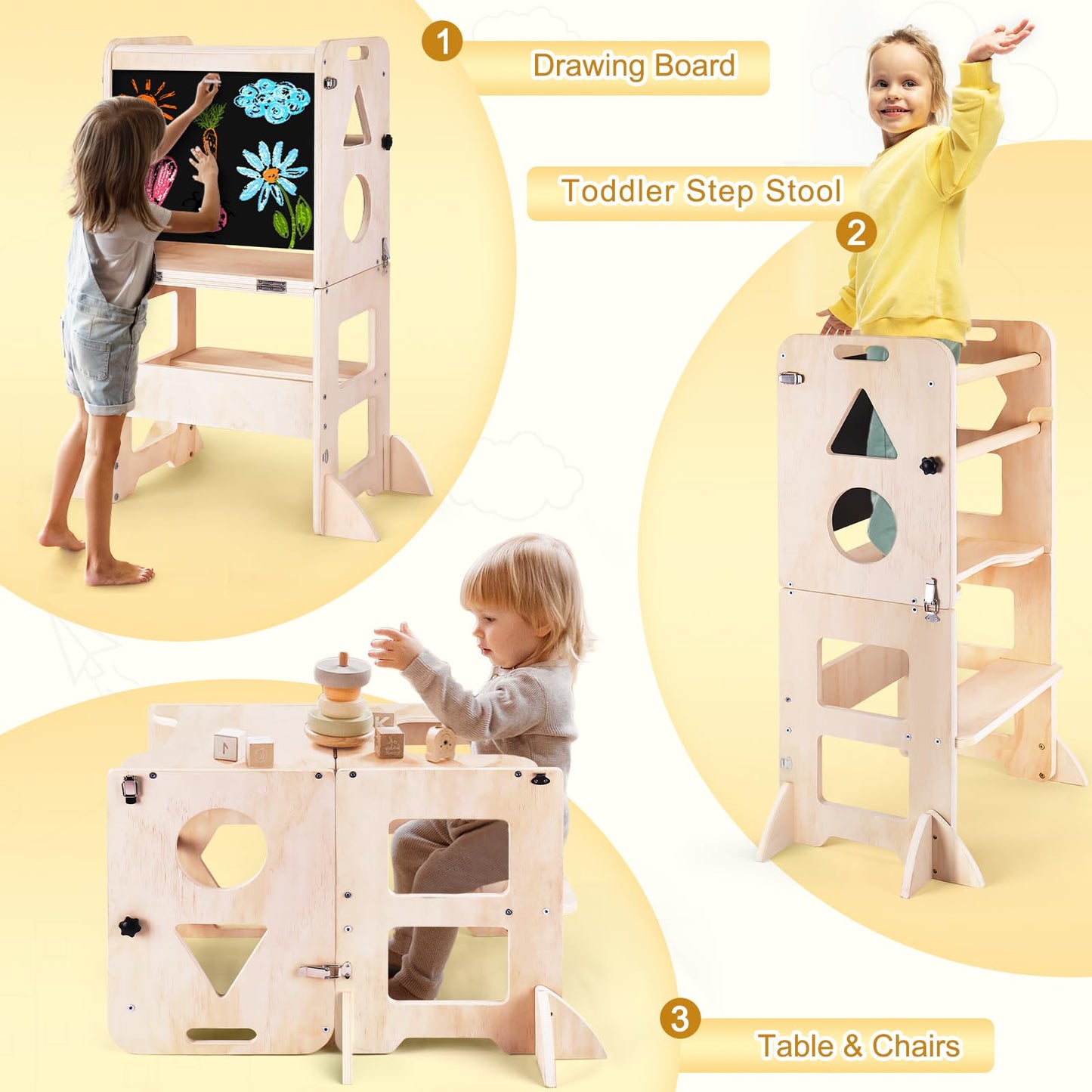 Woodure 3-in-1 Toddler Kitchen Step Stool, Foldable Learning Standing Tower with Blackboard, Wooden Kitchen Stool Helper for Kids