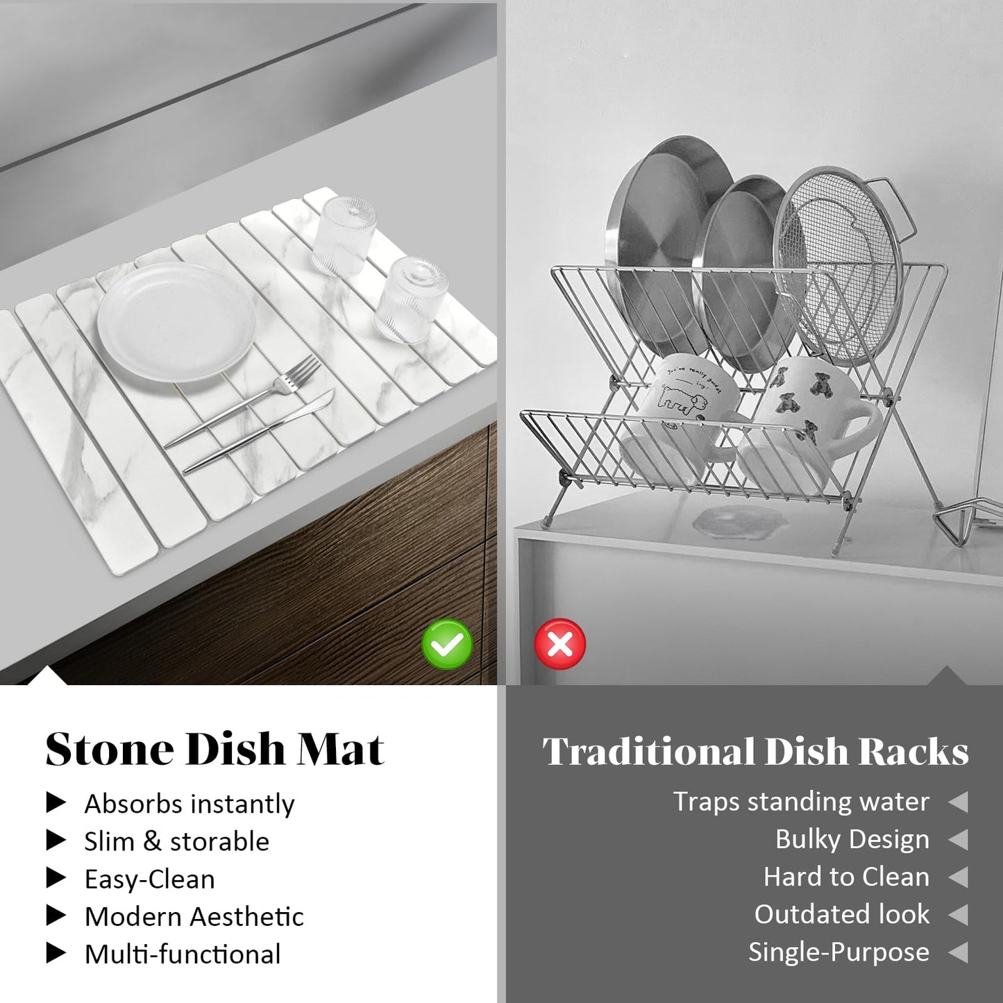 Large Stone Dish Drying Mats for Kitchen Counter, 24"(L)×16"(W) Marble-Pattern, Fast Drying Collapsible Dish Drying Mat, Eco-Friendly Absorbent Diatomaceous Earth Mats for Cups, Match Countertop