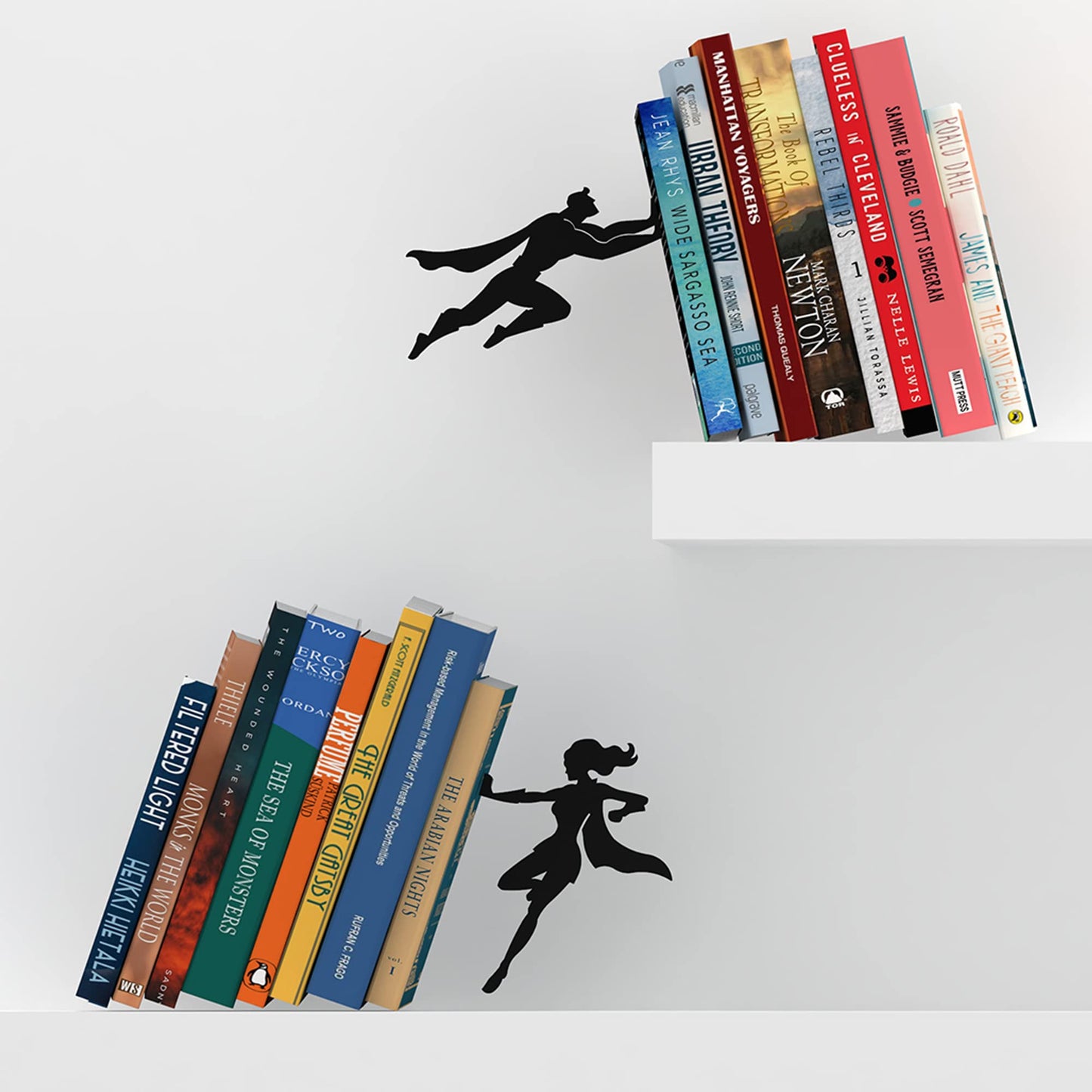 Artori Design Book Ends to Hold Books Heavy Duty Hidden Metal Bookends for Shelves Bookend Book Holder for Home Decorative Gift for Book End Lovers and Home Décor (Supergal+Book&Hero)