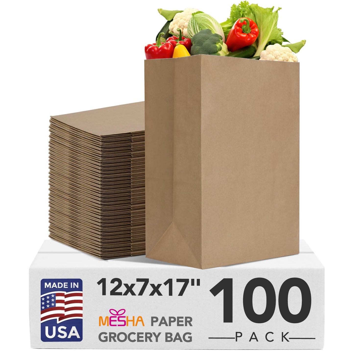 MESHA Paper Grocery Bags 12 x 7 x 17 Inches, 100 Pack Heavy Duty 60 lb Kraft Brown Paper Bags Bulk, Large Grocery Sacks for Shopping, Takeout, Restaurant, Retail, Storage and DIY Crafts