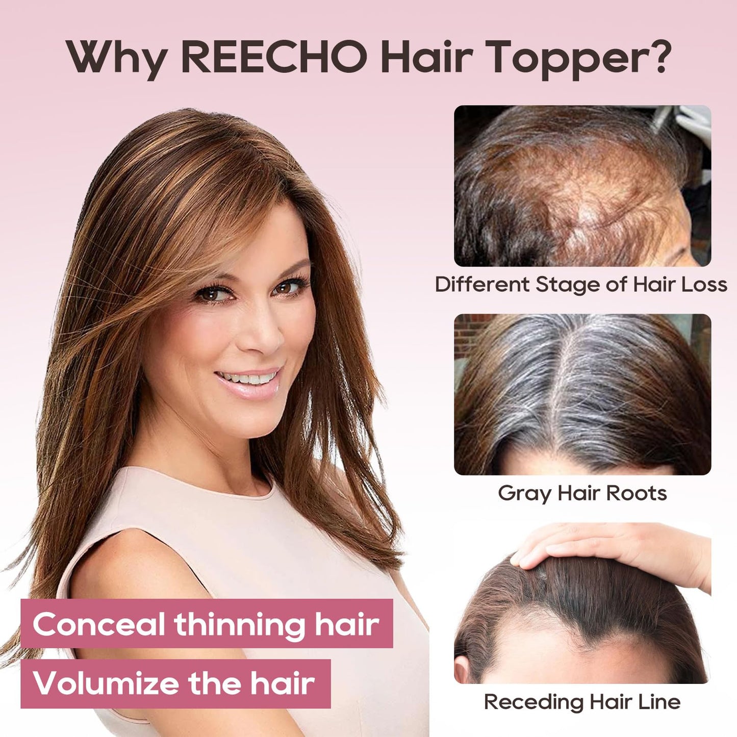 REECHO Real Human Hair Topper, 10 inch Women Hair Toppers for Thinning Hair, 100 Percent Human Hair Large Coverage Natural Hairpiece Wiglet, Swiss Base 4.5"x3.5", Silver White