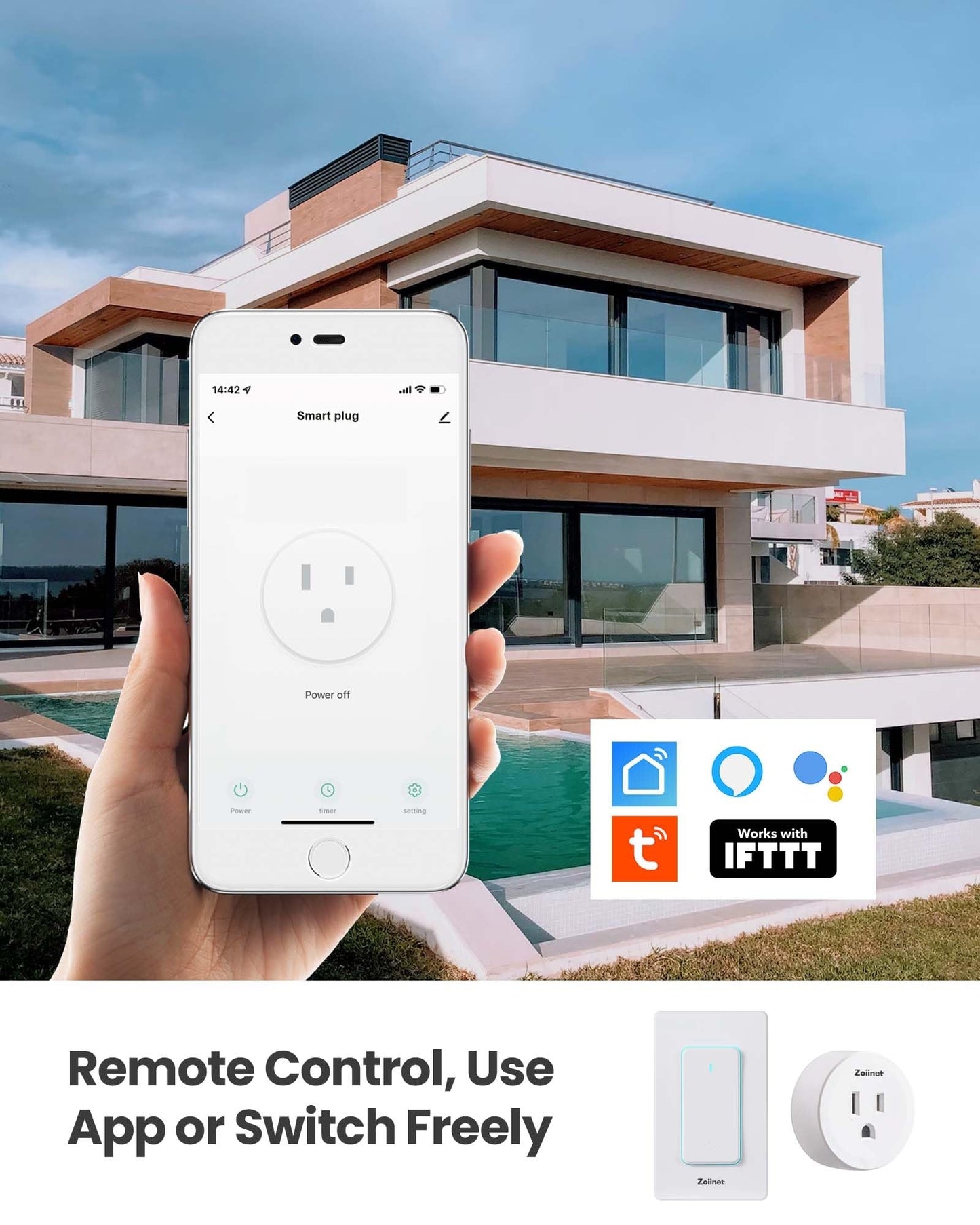 Zoiinet Smart Plug Switch, 2.4G WiFi Outlet, Compatible with Alexa, Google Home, Smart Life & IFTTT APP, Voice Control & Timer, Buckle Design & Removable, No Hub Needed, Programmable(2 Pack)