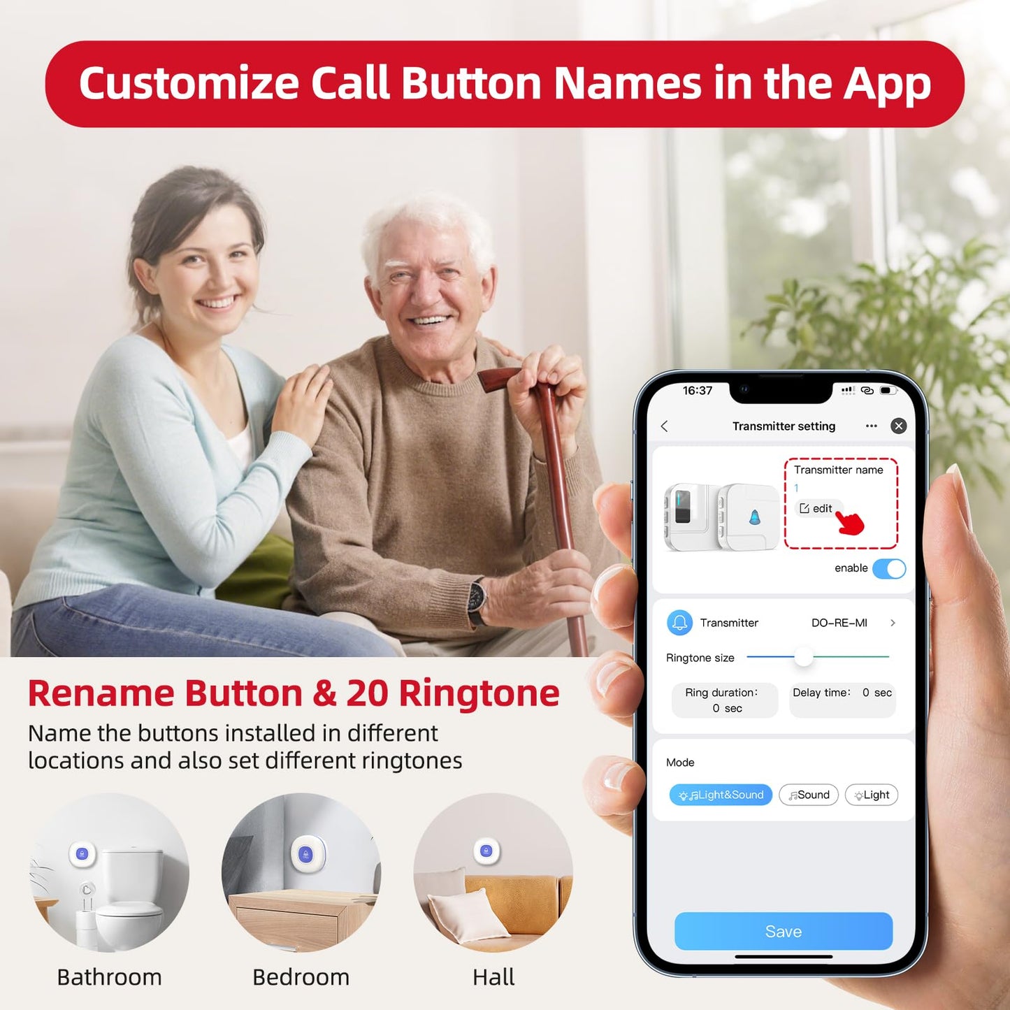 CallToU Wi-Fi Wireless Caregiver Pager Call Button for Elderly at Home, APP Emergency Alert for Seniors, Patients, and The Disabled (TY01WH-US 2-1)