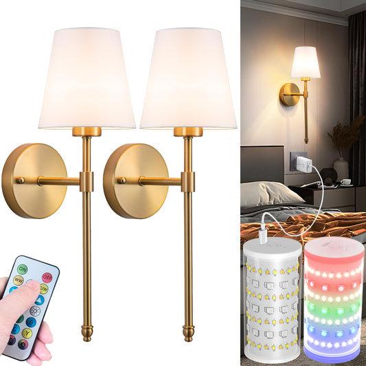 Battery Operated Wall Sconces Set Of 2, Wireless Battery Wall Light With 10000mAh RGB Rechargeable Magnetic Bulb, Rechargeable Wall Sconce With Remote Control For Bedroom, No Electrician Required