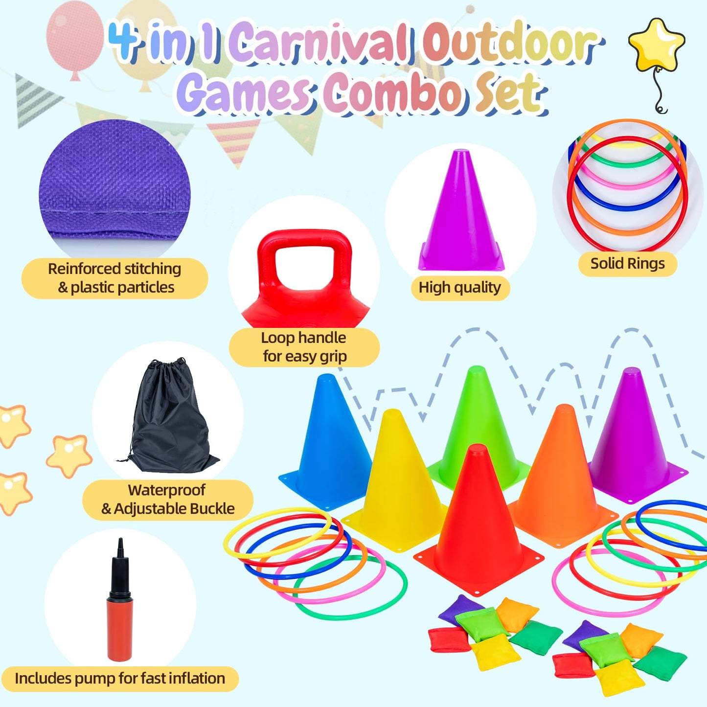 4 in 1 Carnival Outdoor Games Combo Set for Kids with 2 PCS Hopper Balls, 18 inch Bouncy Ball with Handle & Soft Plastic Cones & Bean Bags Ring Toss Game, Gift for Family Birthday Party Backyard Games