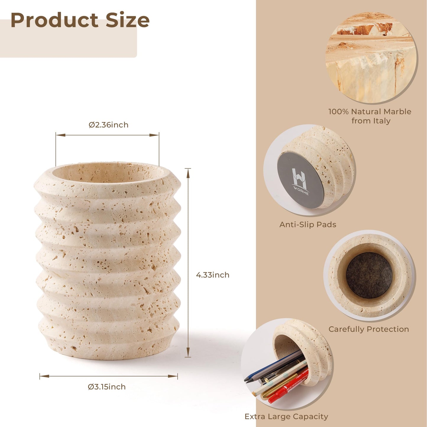 WORHE Pen Holder Stand for Desk, Natural Travertine Stone Makeup Brush Holders, Modern and Functional Pencil Cup for Office Supplies Tableware Organizer for Home Decor School Beige (PH90110)