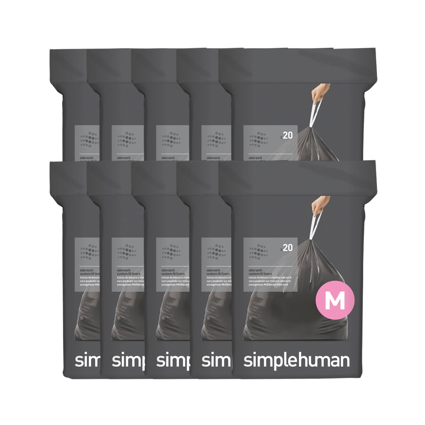 simplehuman Code M 200 Count Odorsorb® Custom Fit Liners, Drawstring Odor Absorbing Trash Bags, One-by-One Mess-Free Dispense, Extra Thick & Double Seamed, 50% PCR Plastic, 40-45 Liter / 11-12 Gallon