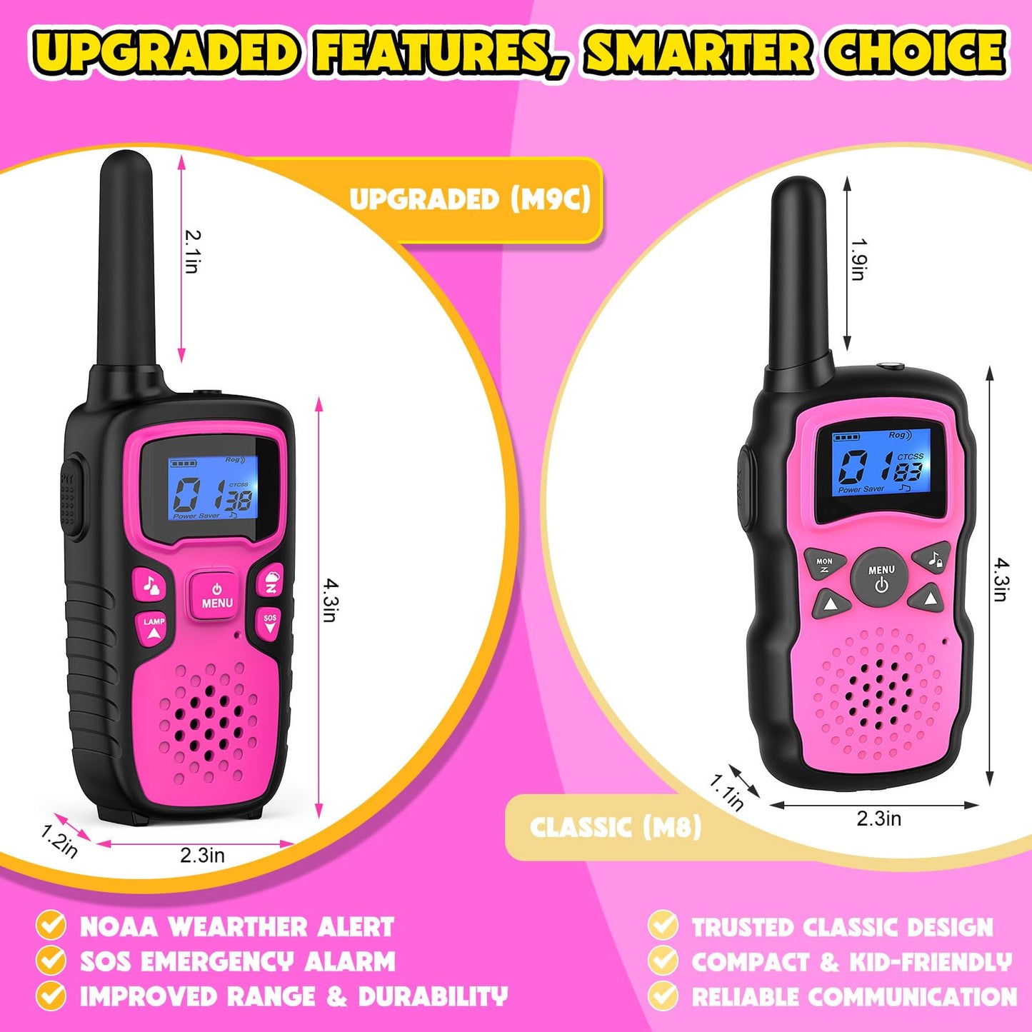 Wishouse Walkie Talkies for Kids Rechargeable Long Range,Xmas Birthday Gift for 4 5 6 7 8 9 Year Old Girls,Hiking Gear Camping Games Cool Toys with NOAA,SOS Siren,Lamp,Lanyards,Easy to Use,2 Pack