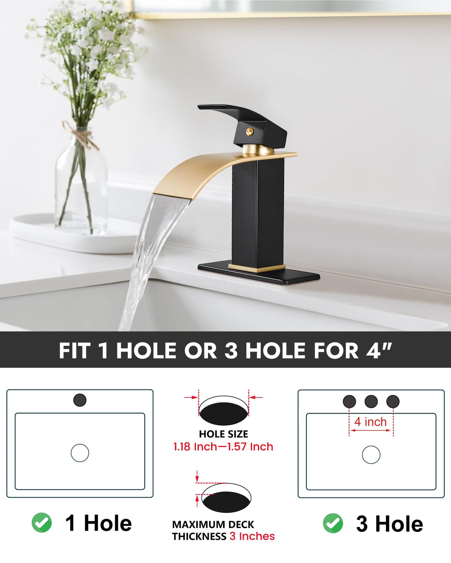Midanya Bathroom Sink Faucet Single Handle Suitable for 1 or 3 Holes with Deck Plate and Pop-Up Drain,Waterfall Bathroom Faucets for Vanity,Basin,Rv,Lavatory Sink,Brushed Gold Spout/Matte Black