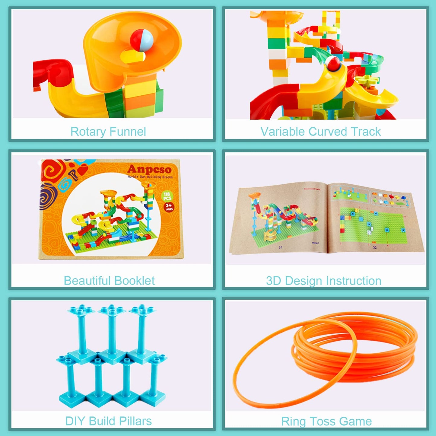 Anpcso 2-in-1 Kids Toys for 2 3 4 5 6 7 + Year Old Boys Girls Toddlers Upgrade Classic Big Bricks Marble Run Building Blocks, Toss Ring Games Compatible with All Major Brands for Christmas Birthday