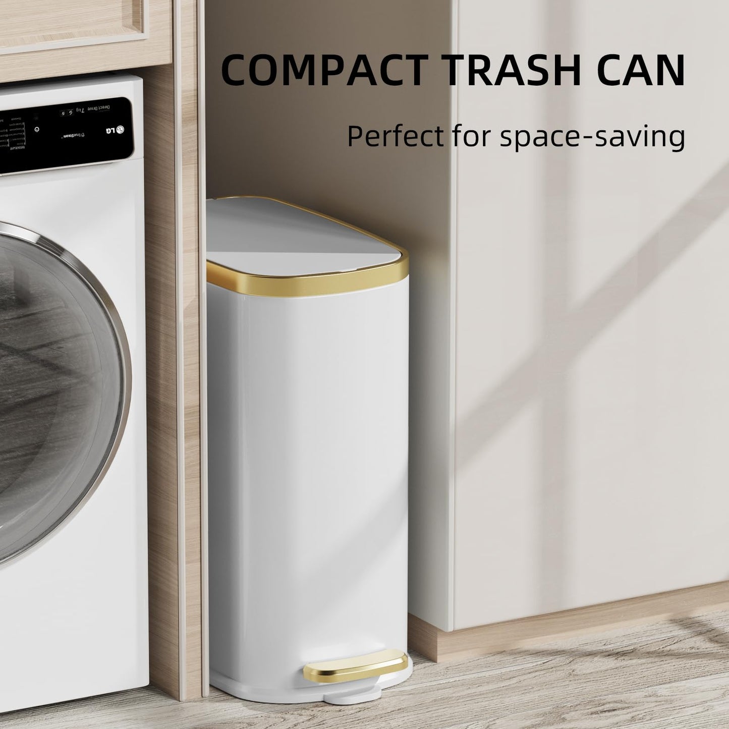 KUK Small Bathroom Trash Can with Lid Soft Close, Step Pedal, 2.6 Gal Stainless Steel Garbage Can with Removable Inner Bucket, Anti-Fingerprint Wastebasket for Office, Bedroom, Toilet (White)