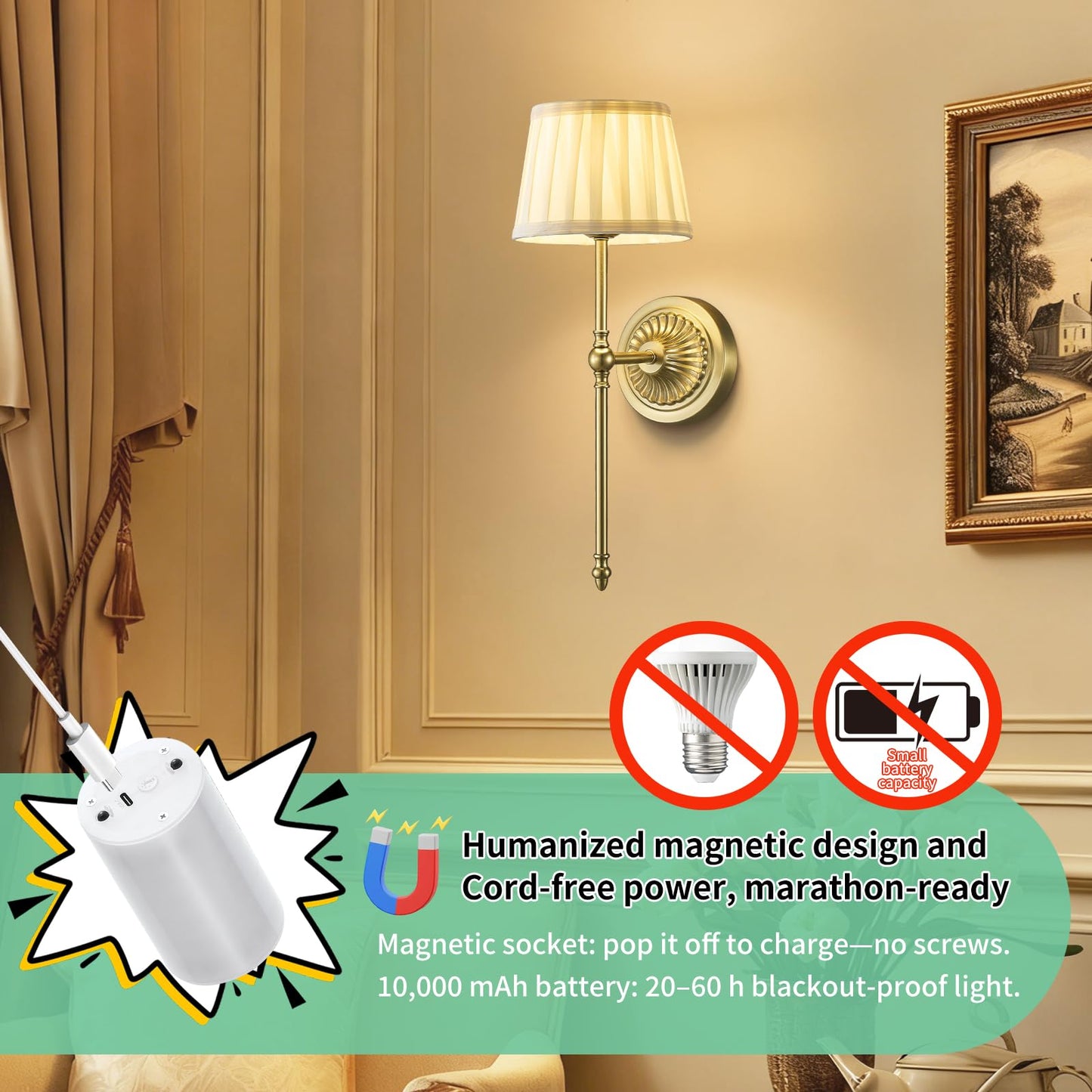 Cordless Wall Sconces Set of 2,10000mAh Small Wireless Battery Operated Wall Sconces Set of Two with RGB LED, Remote, Timer & Dimmable Fabric Gold Wall Lamps for Bedroom, Living Room, Hallway (Gold)