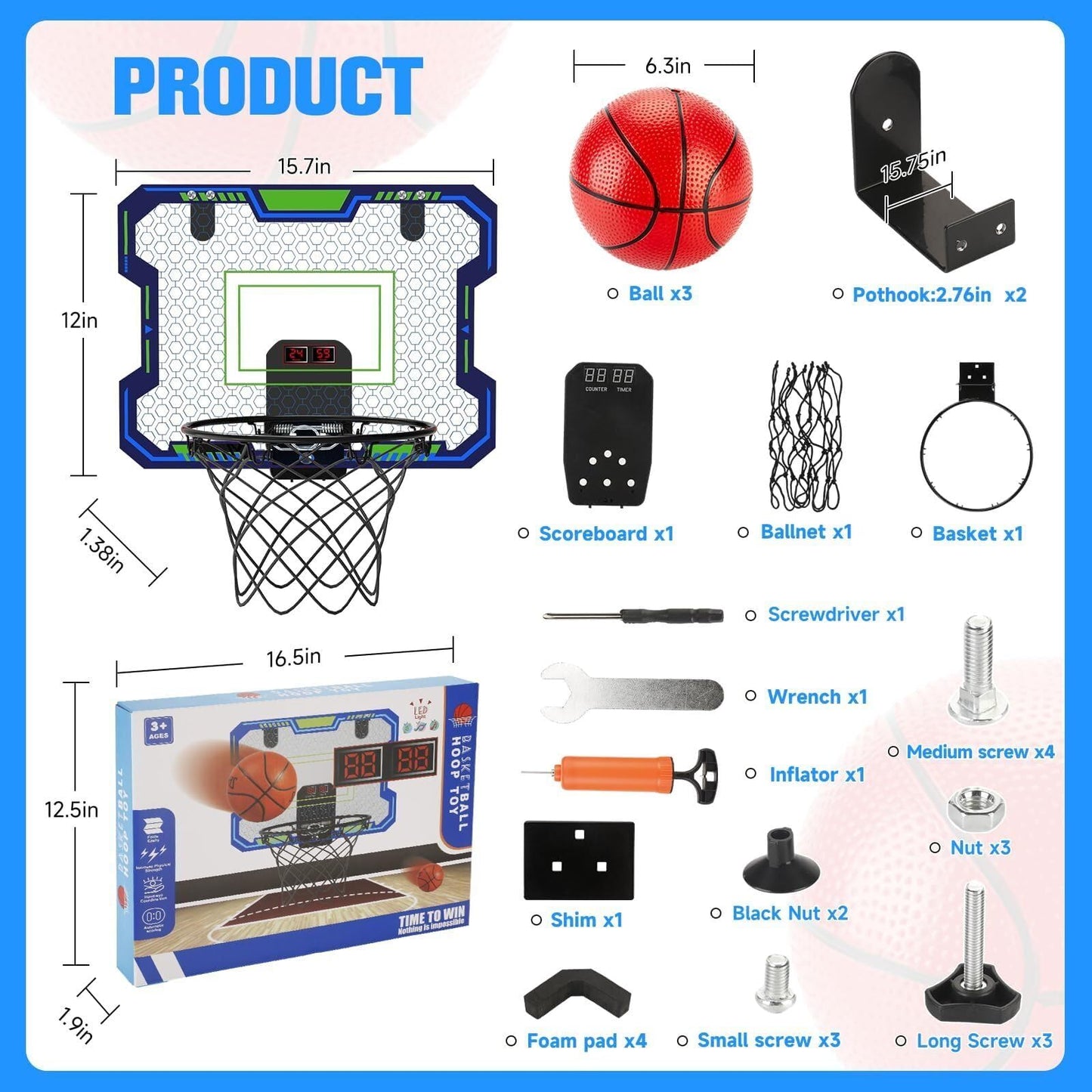 Vignuto Indoor Basketball Hoop for Kids (4-12 Years Old), Over The Door Mini Basketball Hoop with Scoring, Countdown and Music Functions