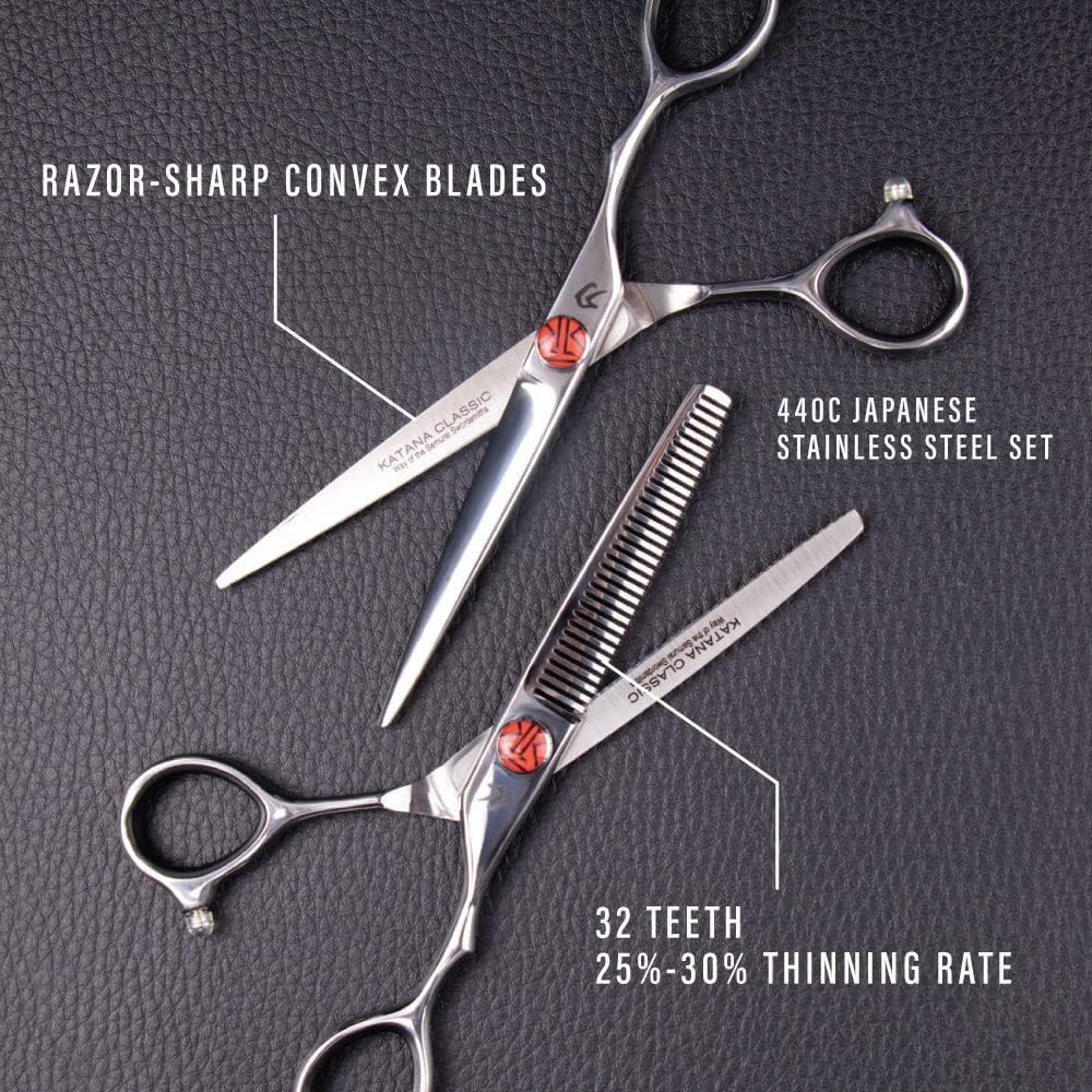 Katana Classic Left Handed Professional 6.5" Lefty Hair Shear Set by Tokko Shears, 440C Japanese Steel Left Hand Haircut Regular & Thinning Scissors for Barbers and Salon Professionals