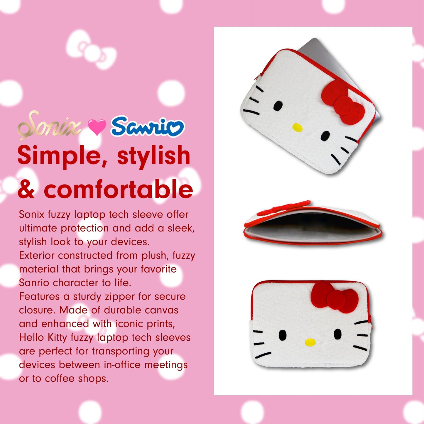 Sonix x Sanrio Plush Tech Sleeve | 14 inch Fuzzy Laptop Computer and iPad Tablet Carrying Case Cover, Protective Travel Bag | White 13" - 14" | Hello Kitty