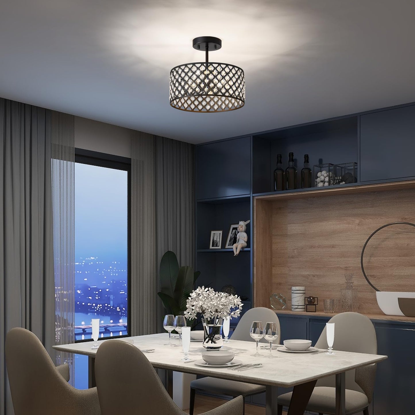 BZVESR Black Crystal Ceiling Light Fixture,Modern Semi Flush Mount Ceiling Lighting Fixture,Round Small Chandelier for Dining Room, Hallway, Entryway, Kitchen, Bedroom,Foyer,3 Light,12 inch