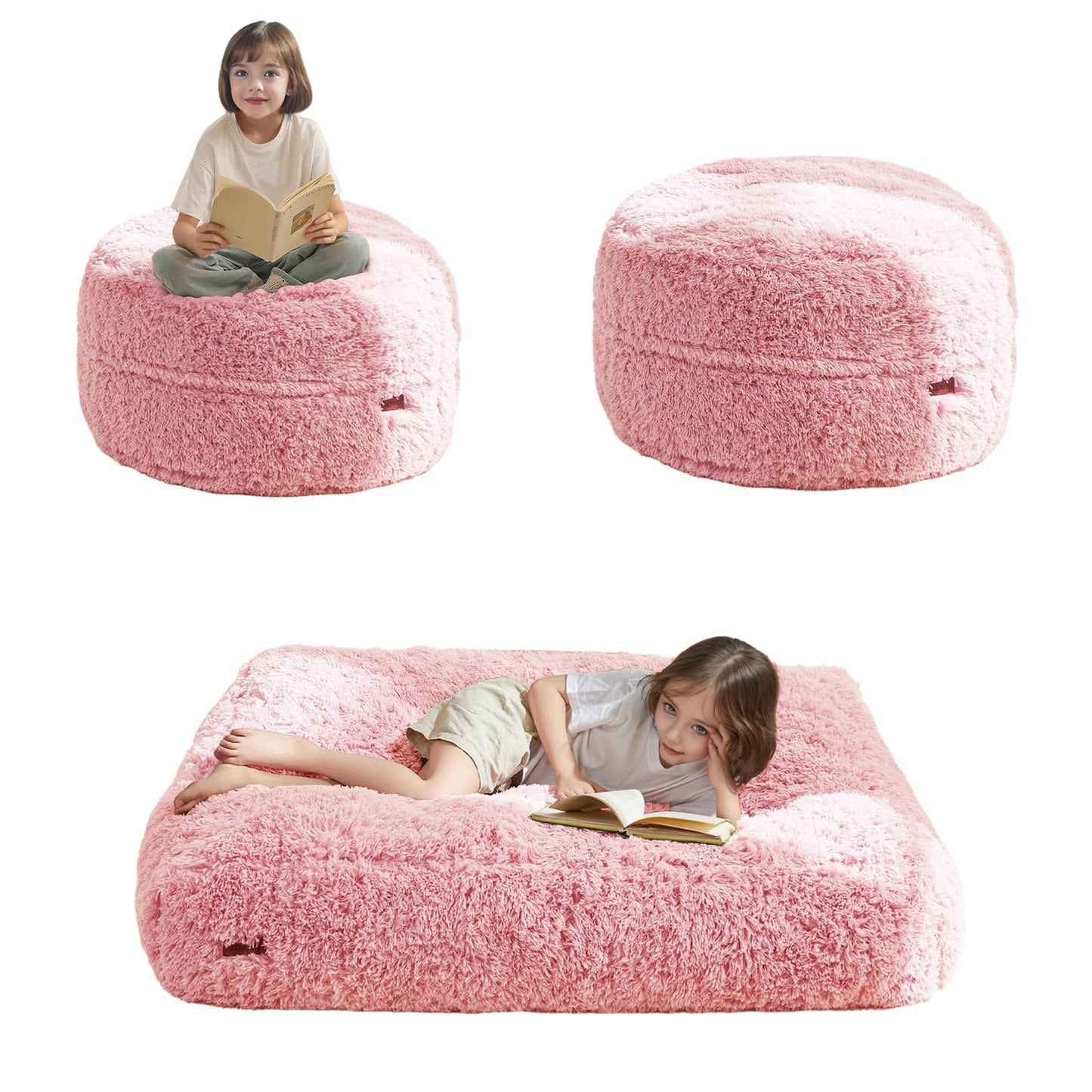MAXYOYO Bean Bag Chair Bed for Kids, Plush Convertible Bean Bag Folds from Lazy Chair to Floor Mattress Bed, Stuffed Floor Sofa Couch for Boys and Girls, Machine Washable, Pink