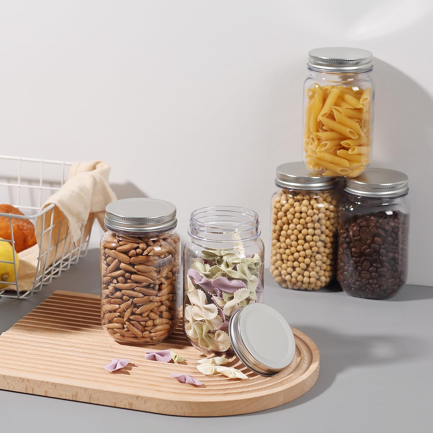 novelinks 16 oz Plastic Mason Jars with Lids, Refillable Clear Plastic Jars with Lids 16oz & Reusable Empty Storage Containers with Lids (Sliver,24 Pack)