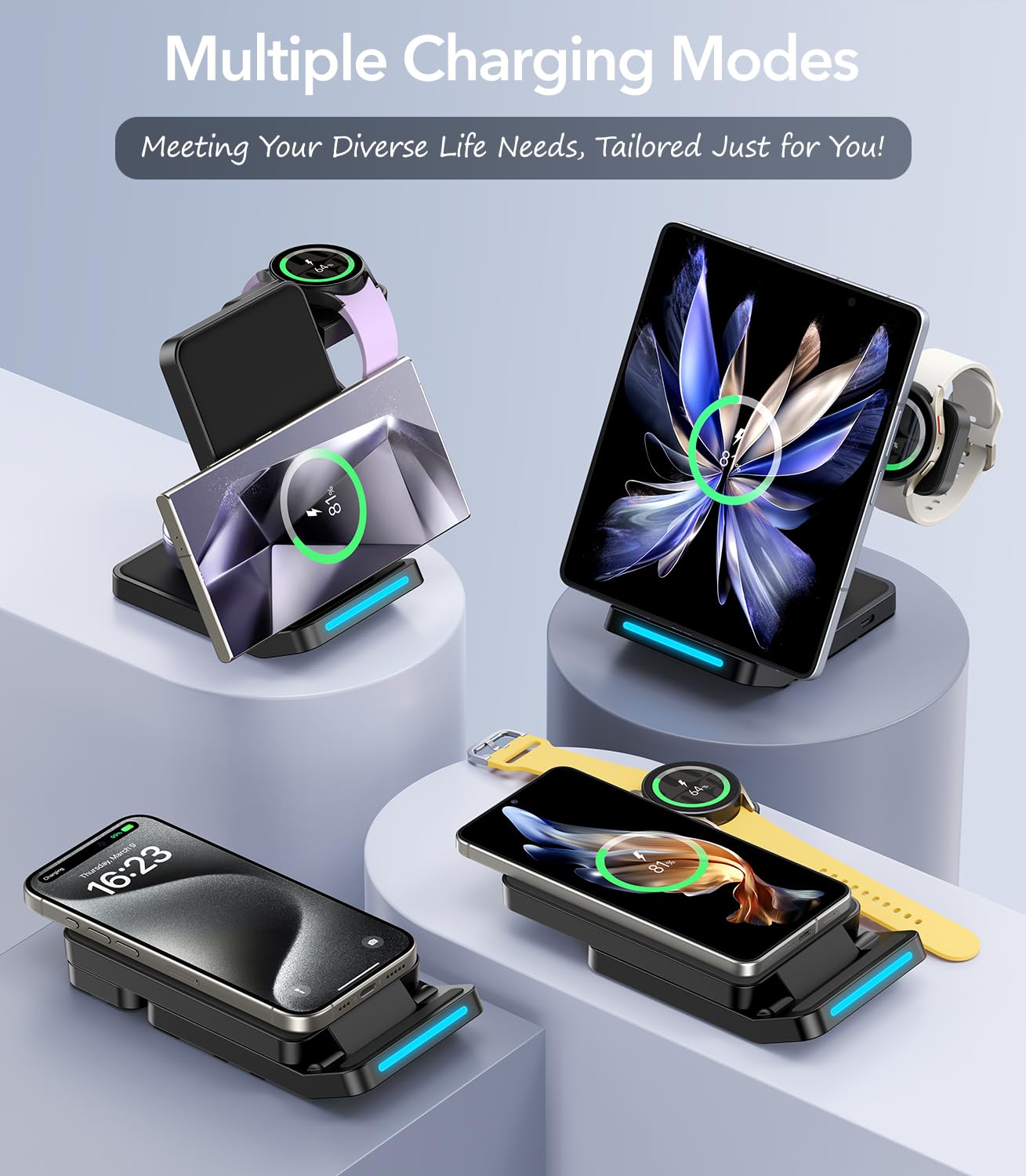 Foldable Wireless Charger for Samsung, 3 in 1 Fast Wireless Charging Station Stand for Samsung Galaxy S24 S23 Ultra/S22/S21/S20/Note 20/Z Flip/Fold 6/5,Galaxy Watch Ultra/7/6/5/5 Pro/4,Galaxy Buds Pro