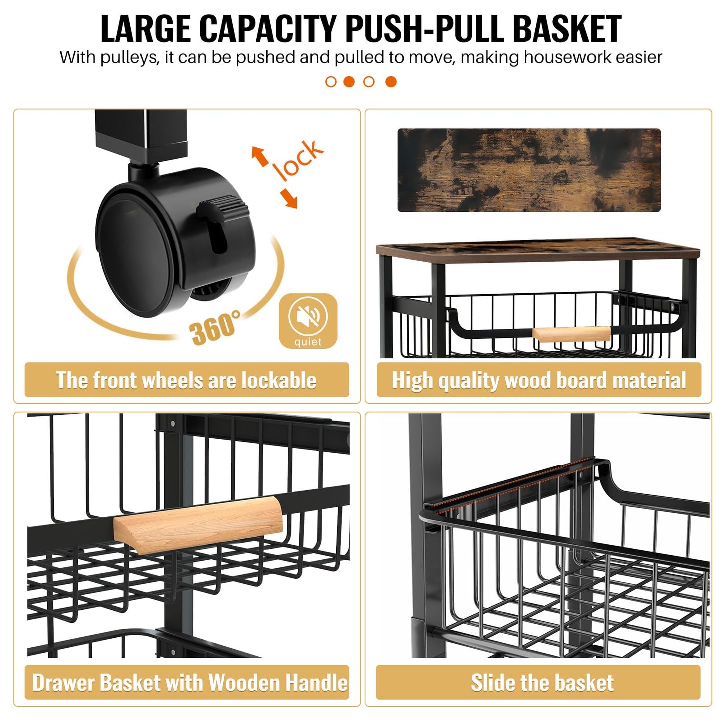 5-Tier Rolling Utility Cart, Kitchen Storage Cart with Wheels, Large Capacity Utility Cart with Wooden Tabletop & Mesh Baskets for Kitchen, Bathroom, Laundry Room