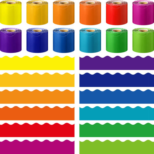 Ctosree 12 Roll 630 ft Colorful Bulletin Board Borders Bulk for Classroom Decoration Scalloped Rolled Border Trim for Back to School Chalkboard Wall Offices Decor(Rainbow Color)