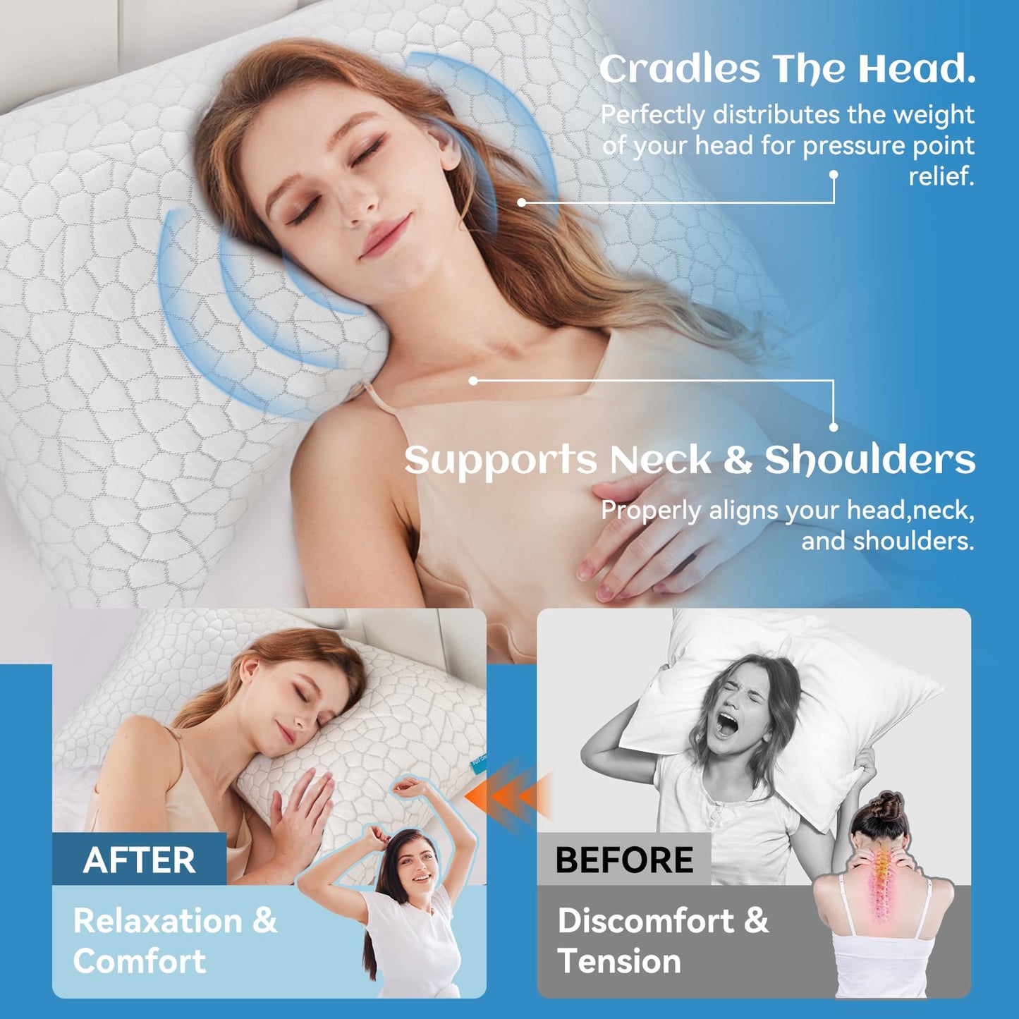 Side Sleeper Pillows for Adults 2 Pack, Cervical Pillow for Side Sleepers, Cooling Pillow with Ergonomic Design, Adjustable Crescent Shredded Memory Foam Pillows for Neck and Shoulder Pain Relief