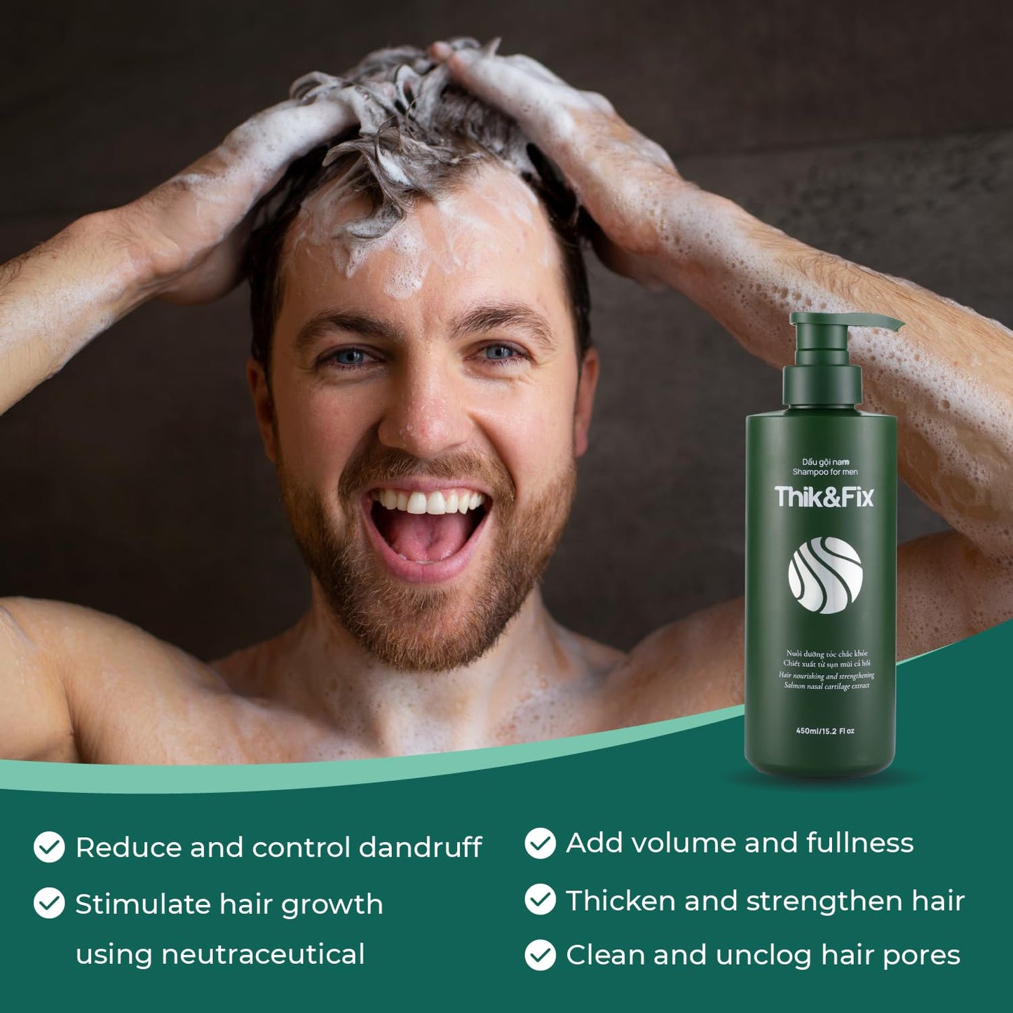 Thik&Fix Shampoo for Hair Loss & Hair Growth, Restores Hair Growth Cycle, Effective Hair Loss Shampoo Treatment for Men, Thickening Hair Growth Shampoo for Damaged Hair, Dandruff, Gray Hair (15.2oz)